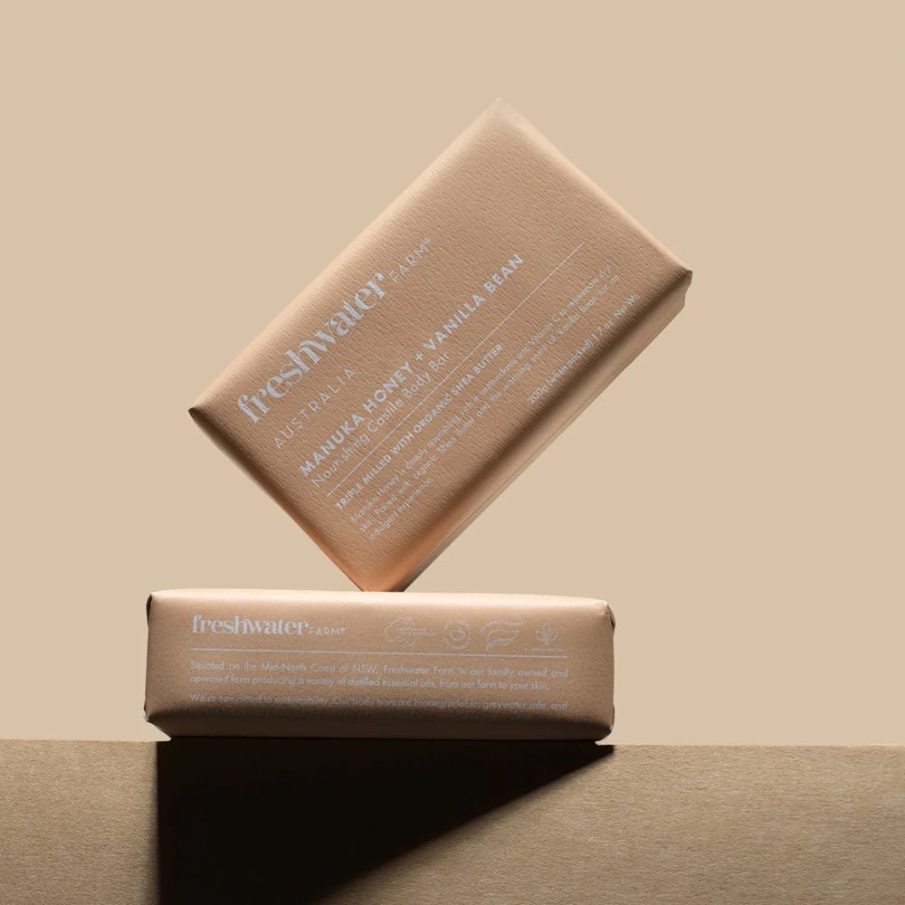 French triple-milled body soap with manuka honey and vanilla bean, 200g bar, made in Australia, vegan friendly