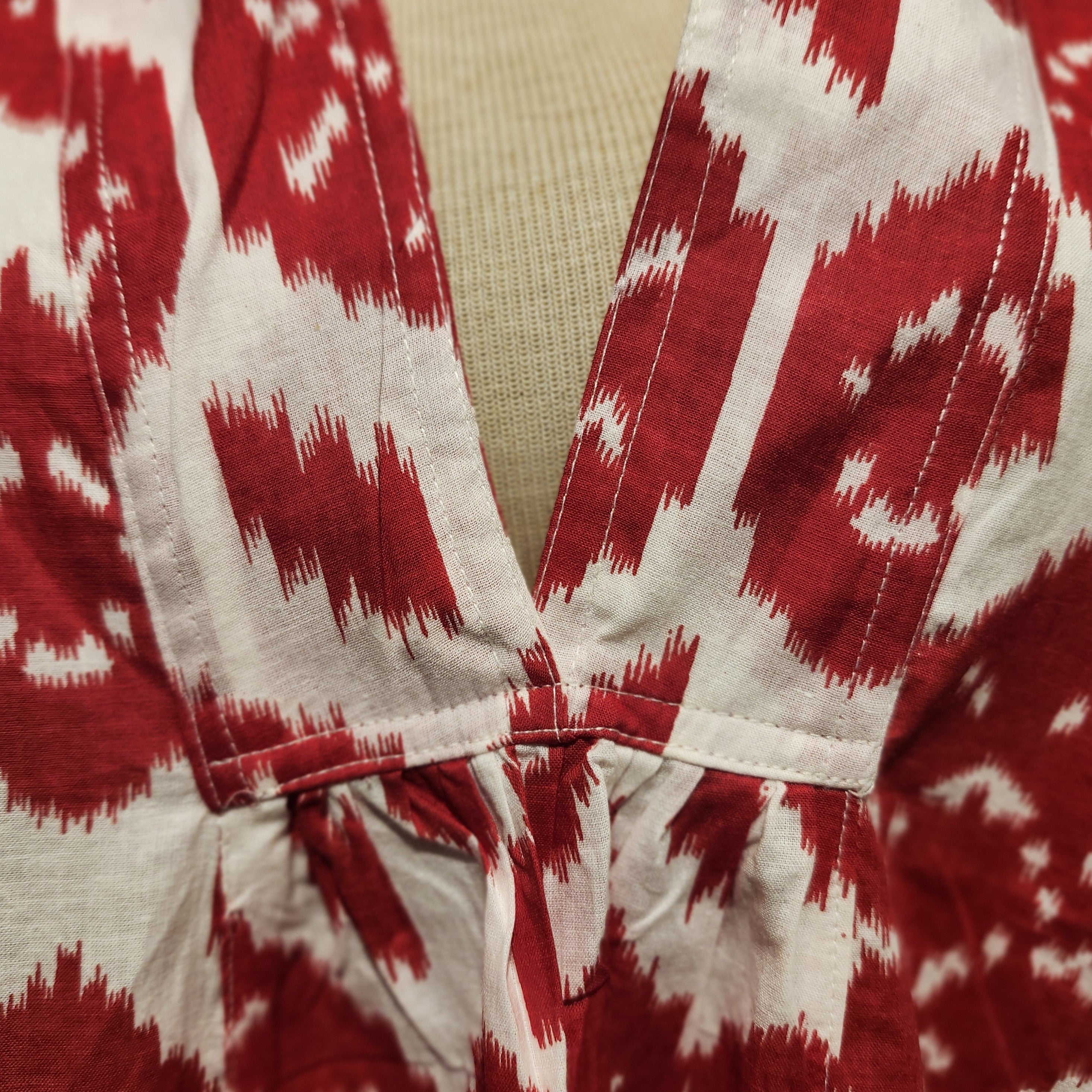 Block print cotton 'May' dress in ikat pattern, handmade lightweight summer dress, detail view
