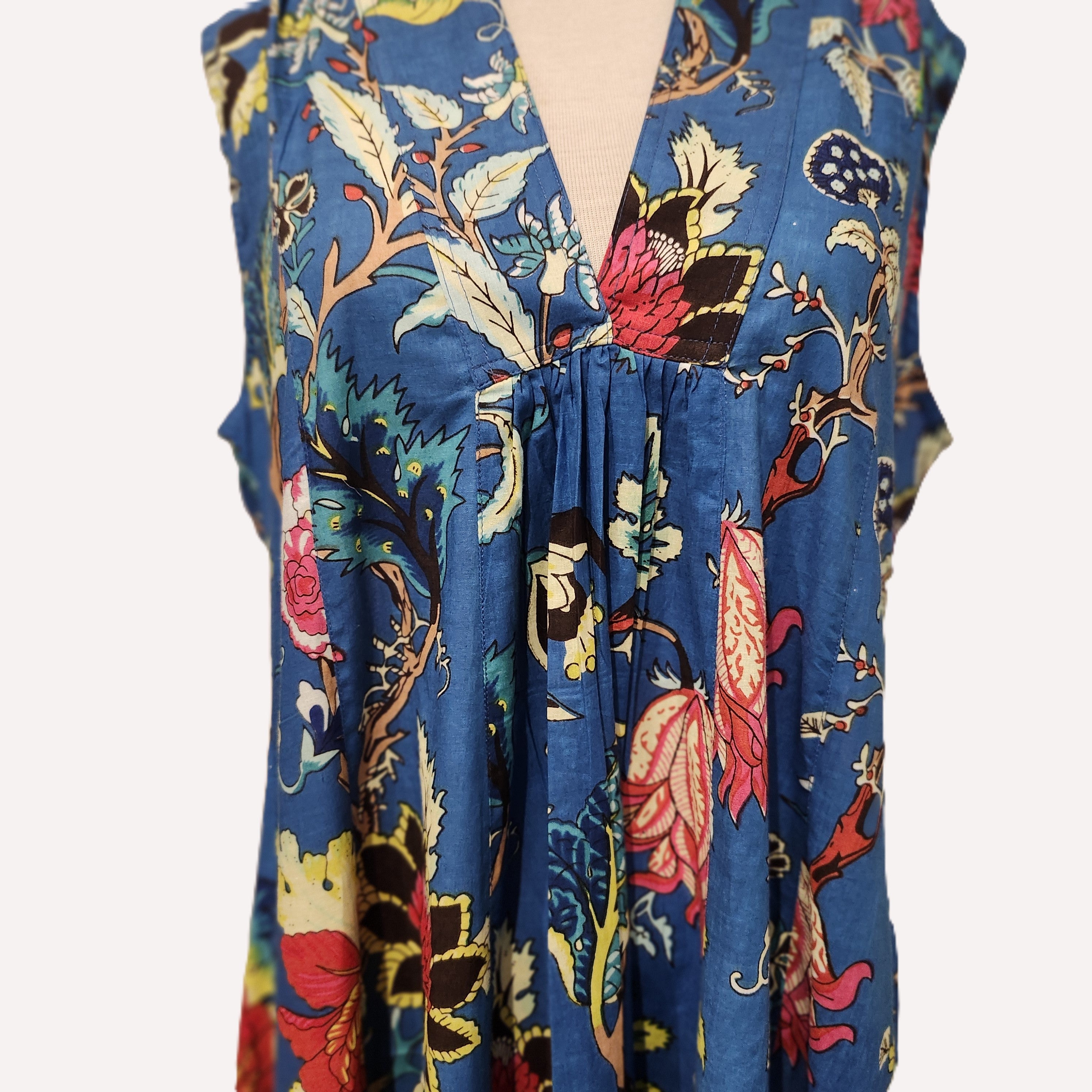Block print cotton 'May' dress in tropical flower print, handmade lightweight summer dress, detail view