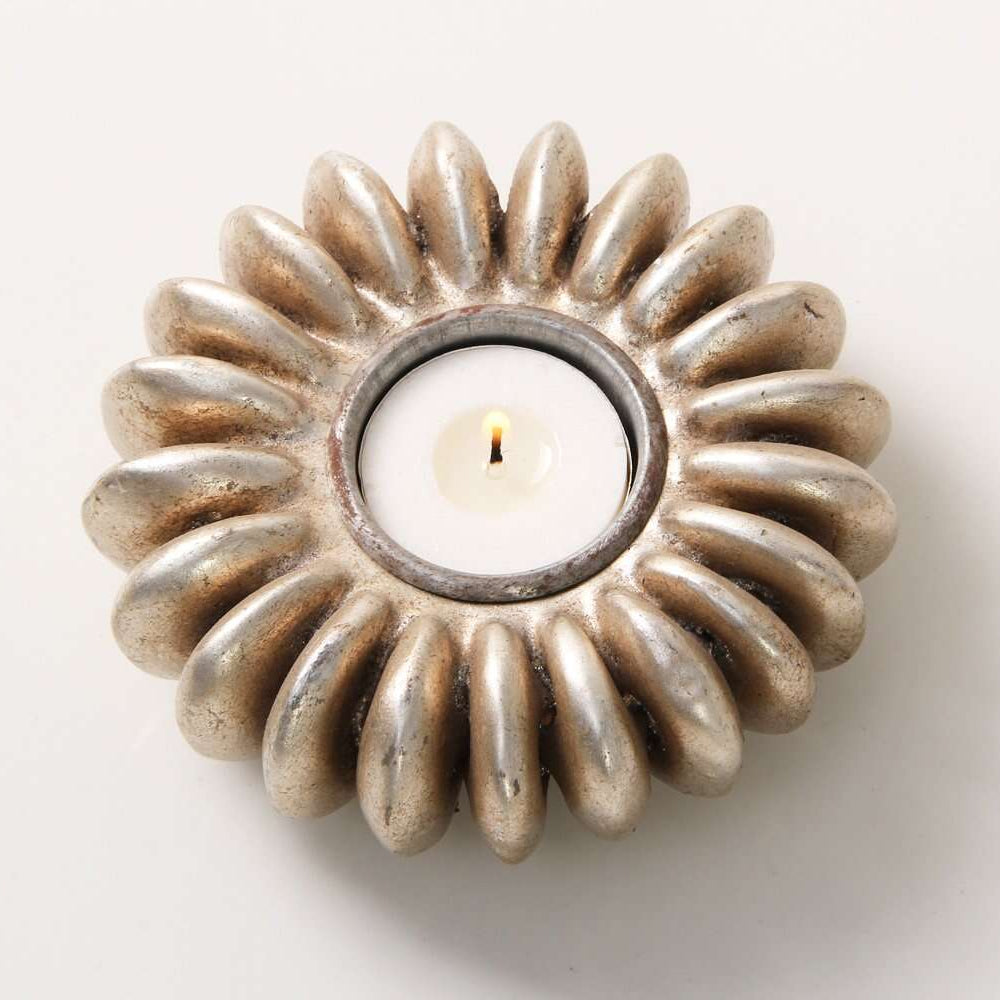 Tea light holder cast from a sandbox seed pod in resin, antique silver finish, 12 x 12 cm for table or kitchen