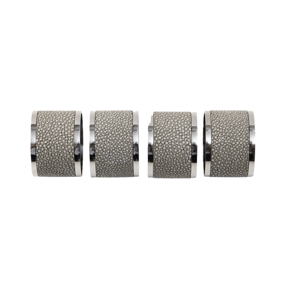 Set of four barley faux shagreen and stainless steel napkin rings, 5 cm diameter, 4 cm high