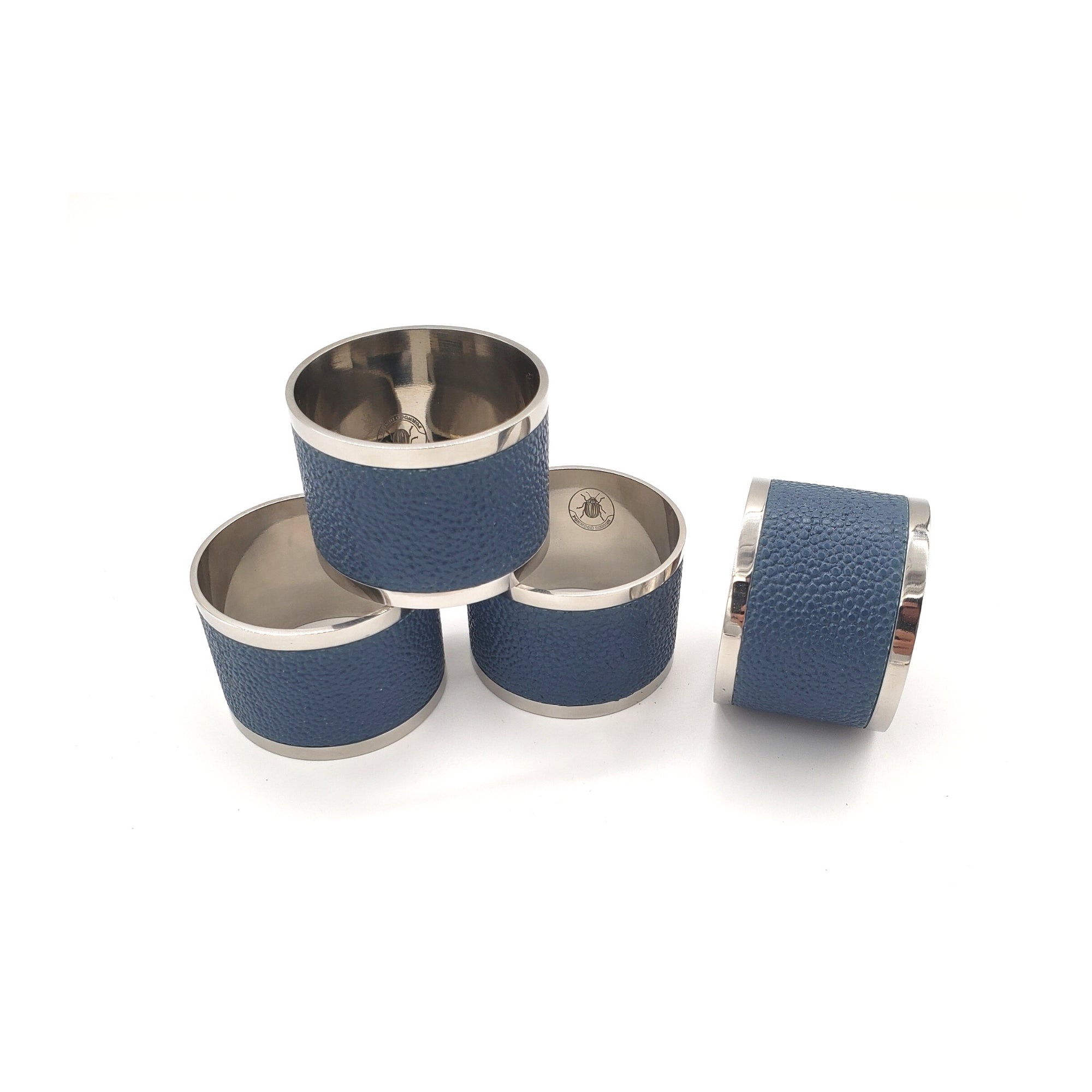 Set of four faux shagreen and stainless steel napkin rings in Nile blue, 5 cm diameter and 4 cm high