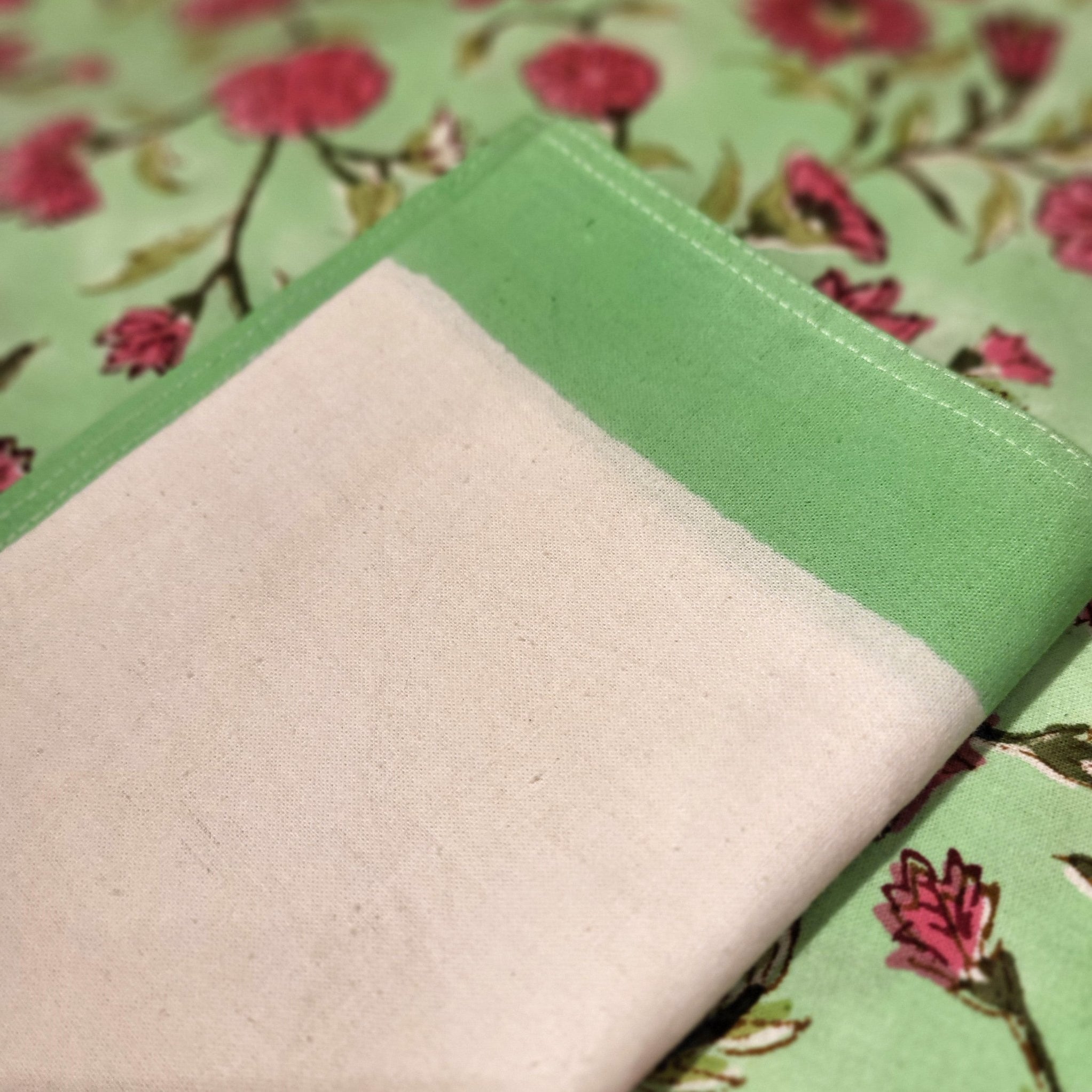 Block Print Tablecloth Floral Mint from Inside Living Singapore, tablecloths. Shown alternative angle.