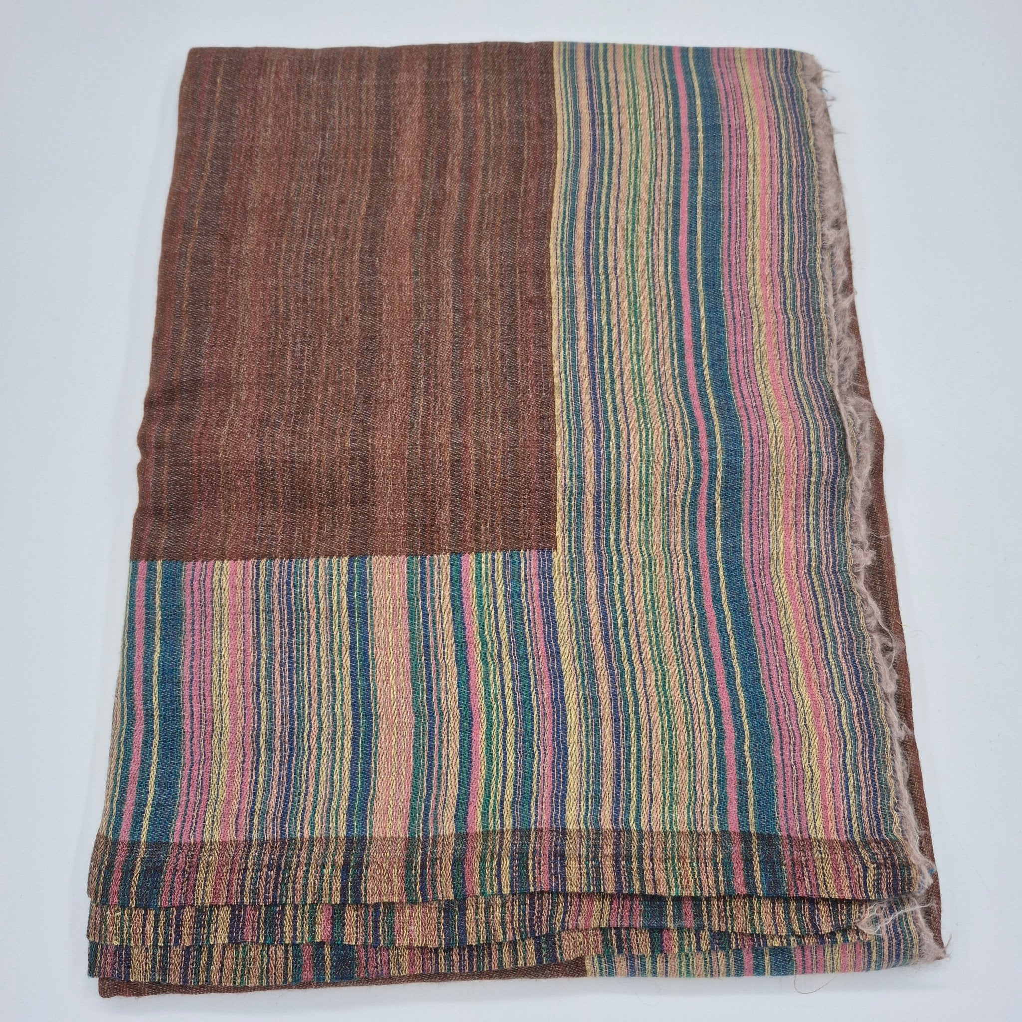 Silk and pashmina multi-striped shawl in coffee and pink, 105 x 210 cm, soft, lightweight and warm