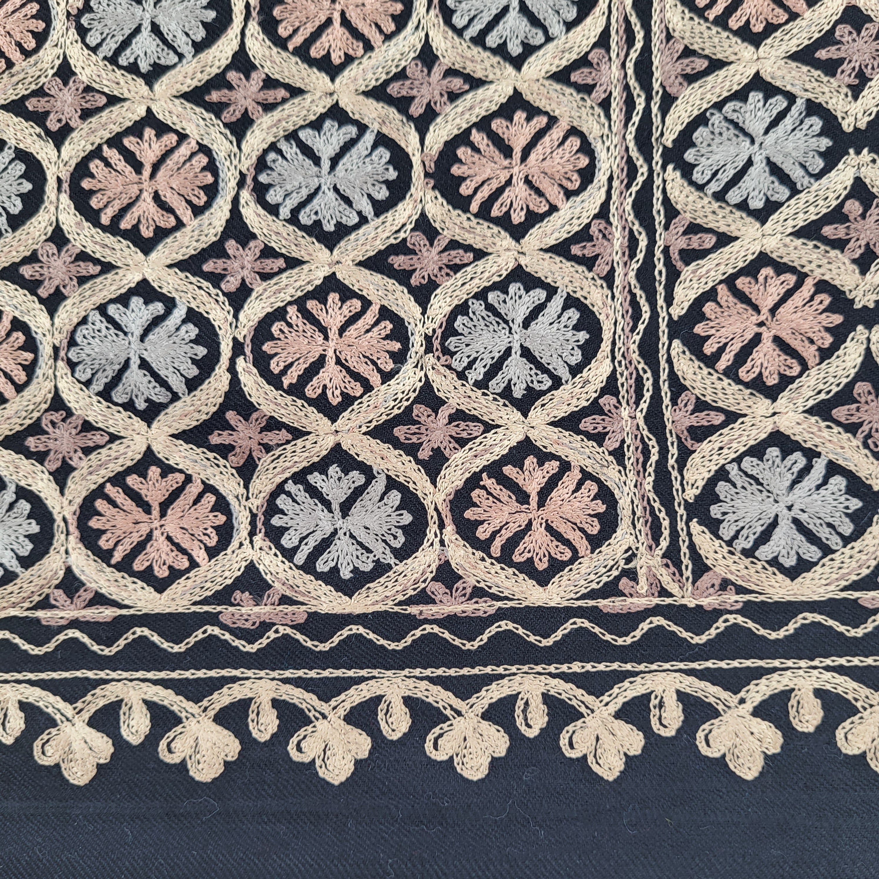 Embroidered Pashmina Small Circle from Inside Living Singapore. Shown in use.
