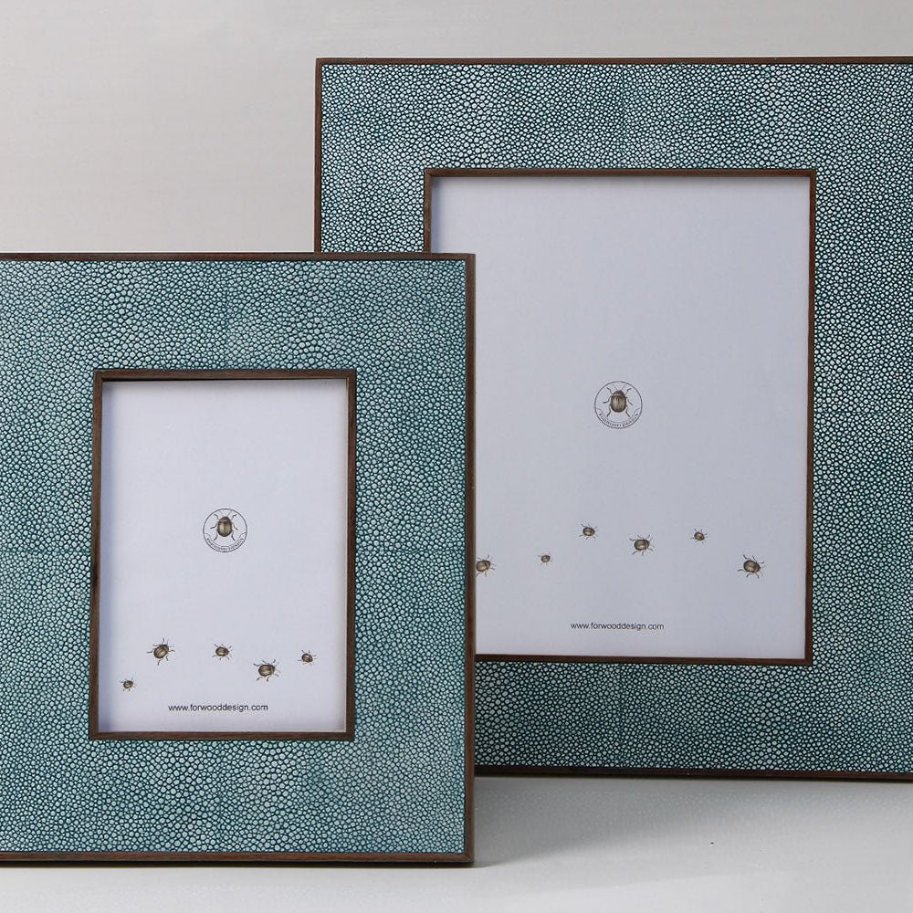 Classic photo frame in teal faux shagreen with polished sycamore back, fits 5 x 7 or 8 x 10 inch photos