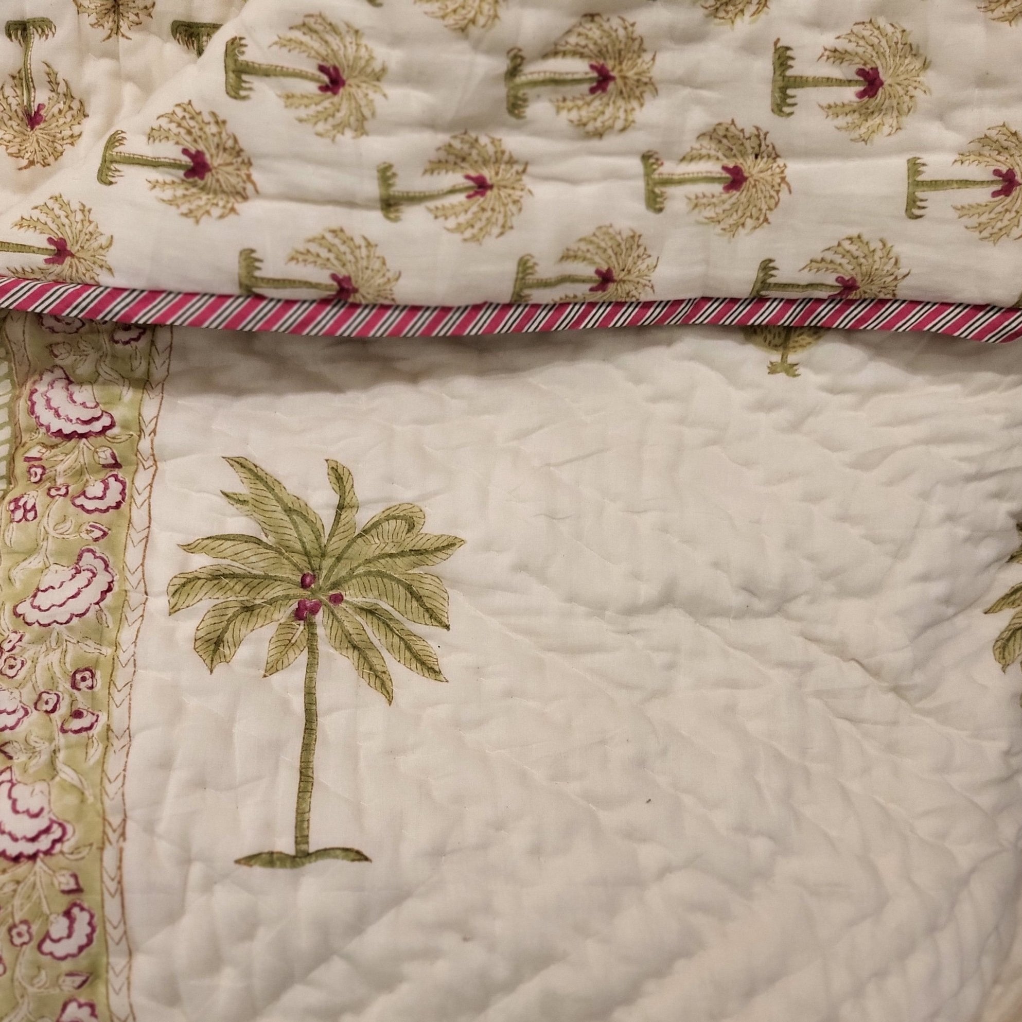 Block Printed Quilt Queen, Bed Linen from Inside Living Singapore. Detail close-up view.
