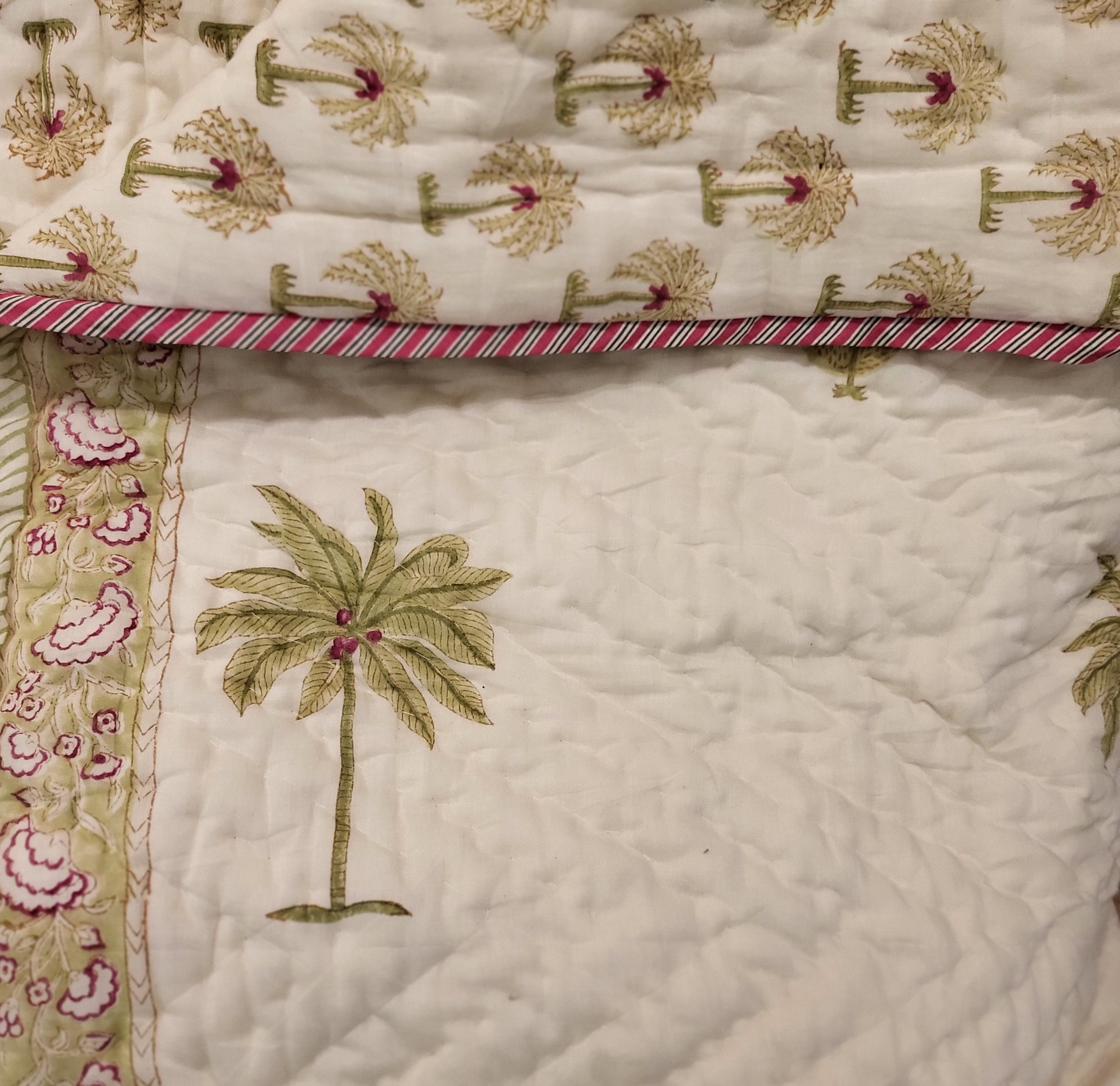 Block Printed Quilt Queen, Bed Linen from Inside Living Singapore. Detail close-up view.