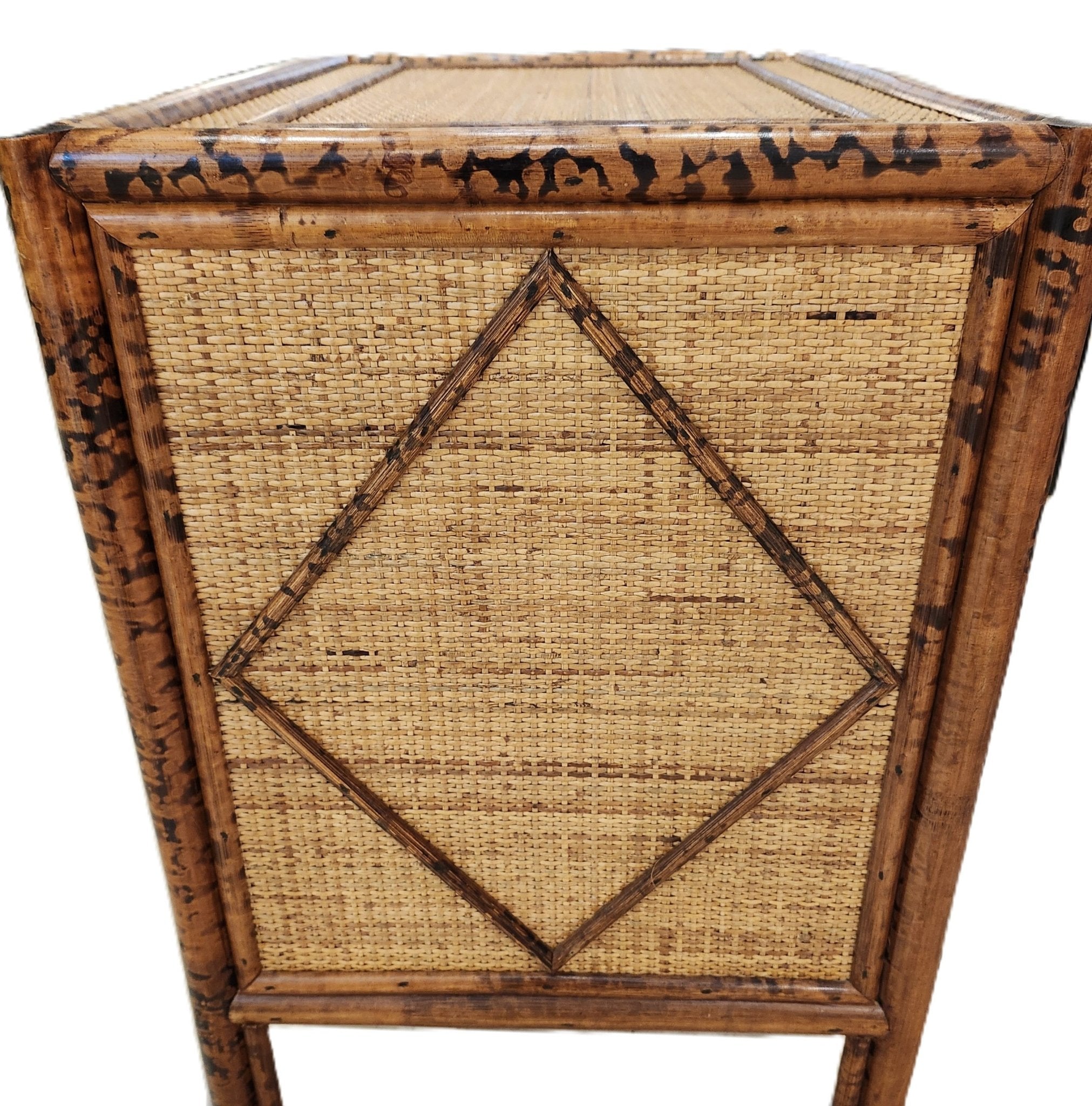 Vintage Tortoiseshell Bamboo & Cane Chest from Inside Living Singapore, close-up of the finish.