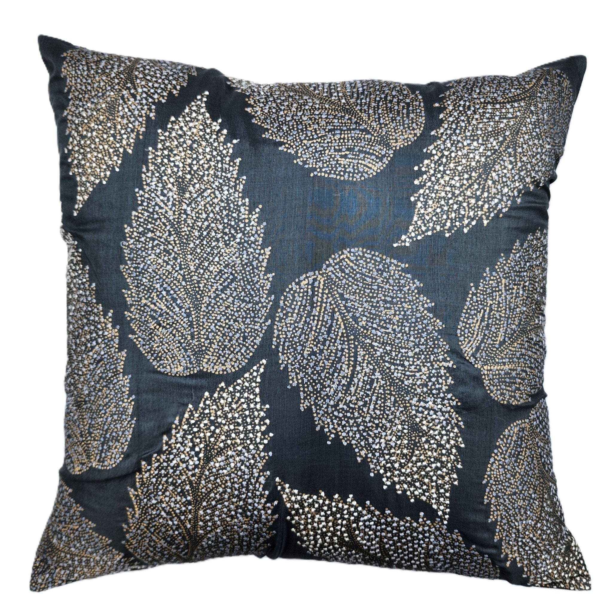 Black silk cushion cover with birch leaves hand-embroidered in grey and gold, 45 x 45cm, inner not included