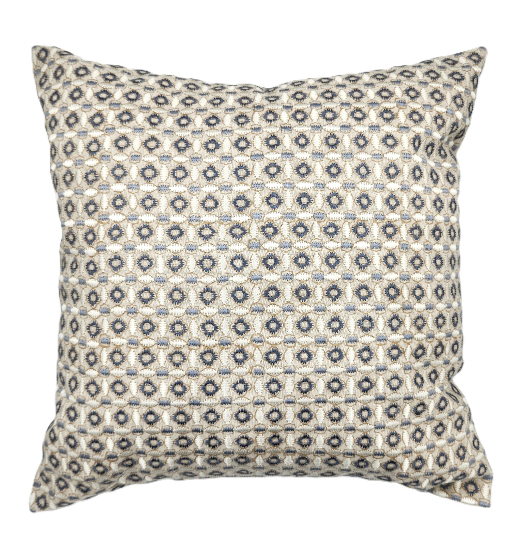 Cotton linen cushion cover with a hand-embroidered crescent pattern in blue, grey, gold and cream, 45 x 45cm