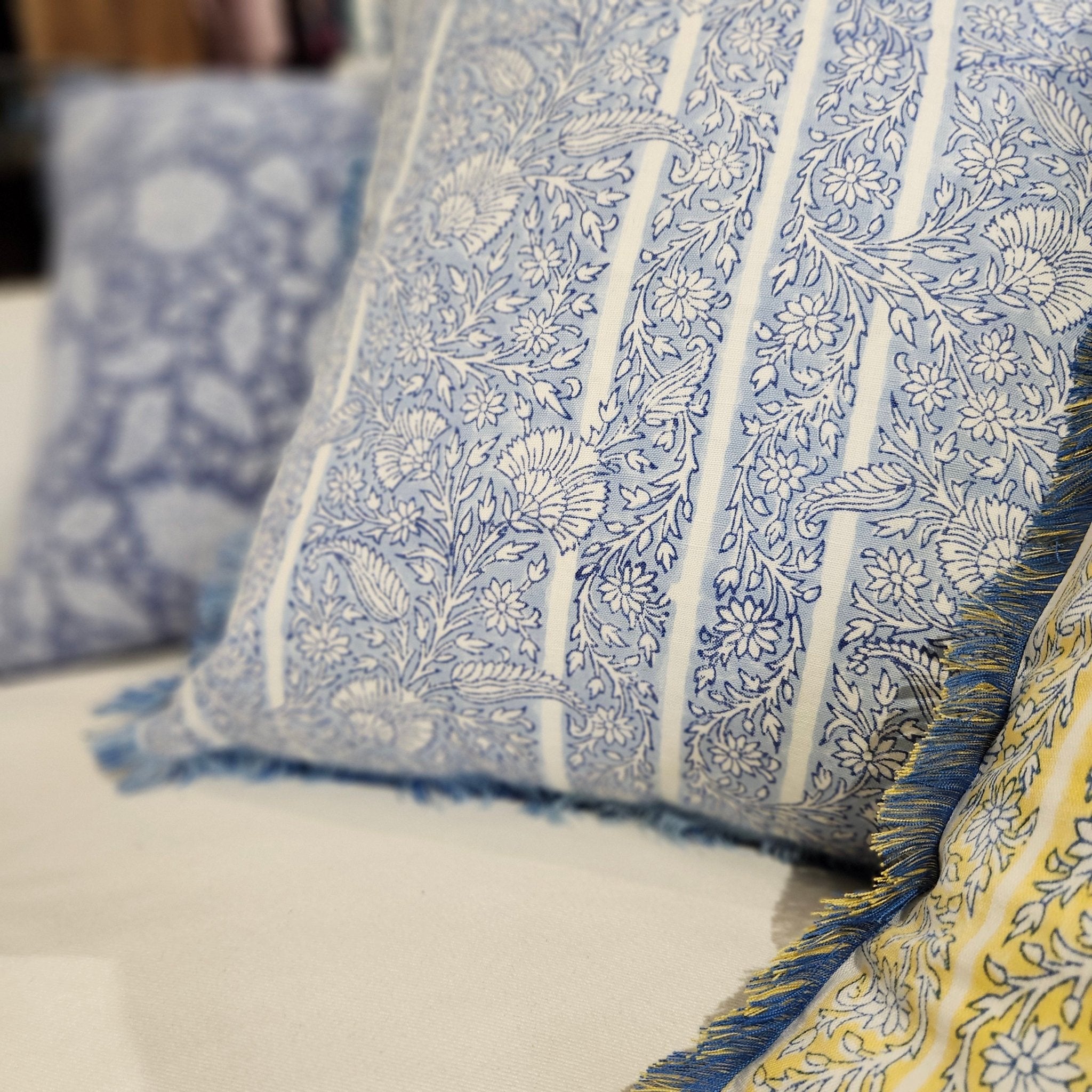 Block Print Cushion 'Gazal', decorative cushion cover at Inside Living Singapore. Detail view.