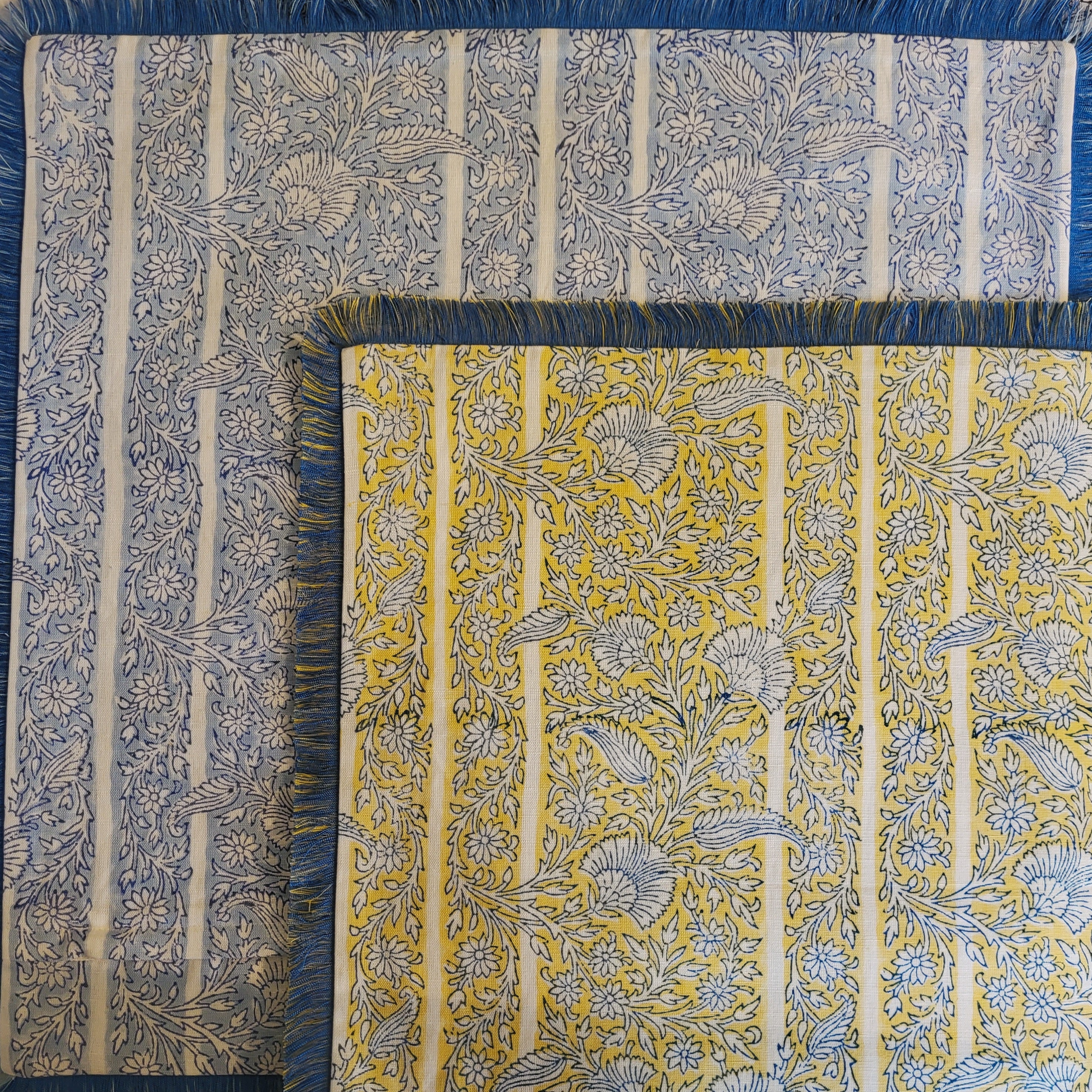 Linen cushion cover with a floral and striped block print, finished with a fringe, 45 x 45cm, inner not included