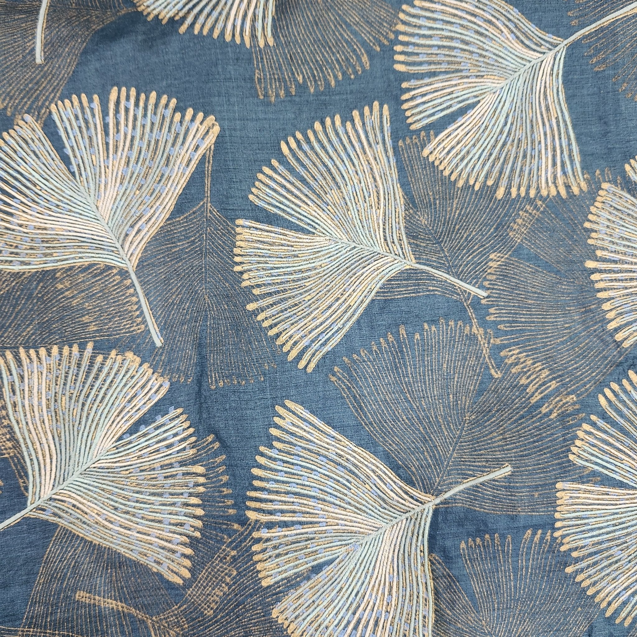 Blue silk cushion cover with ginkgo leaves hand-embroidered in teal, grey and gold, 45 x 45cm, inner not included