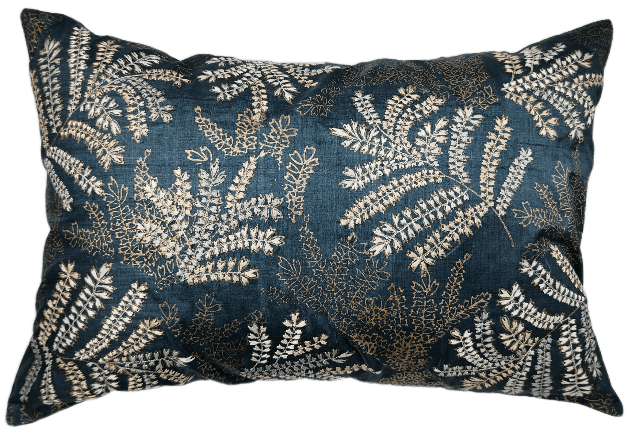 Silk cushion cover hand-embroidered with Khejri leaf fronds in grey, blue and gold, 30 x 45cm, inner not included