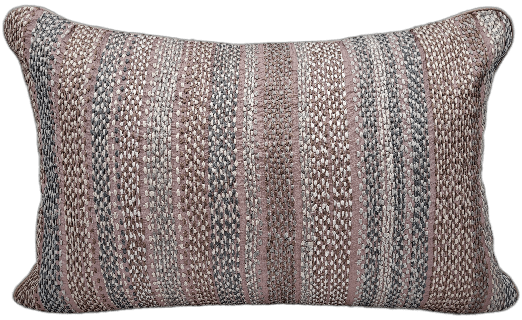 Silk cushion cover hand-embroidered with stripes in shell pink, grey and brown, piped edges, 30 x 46cm