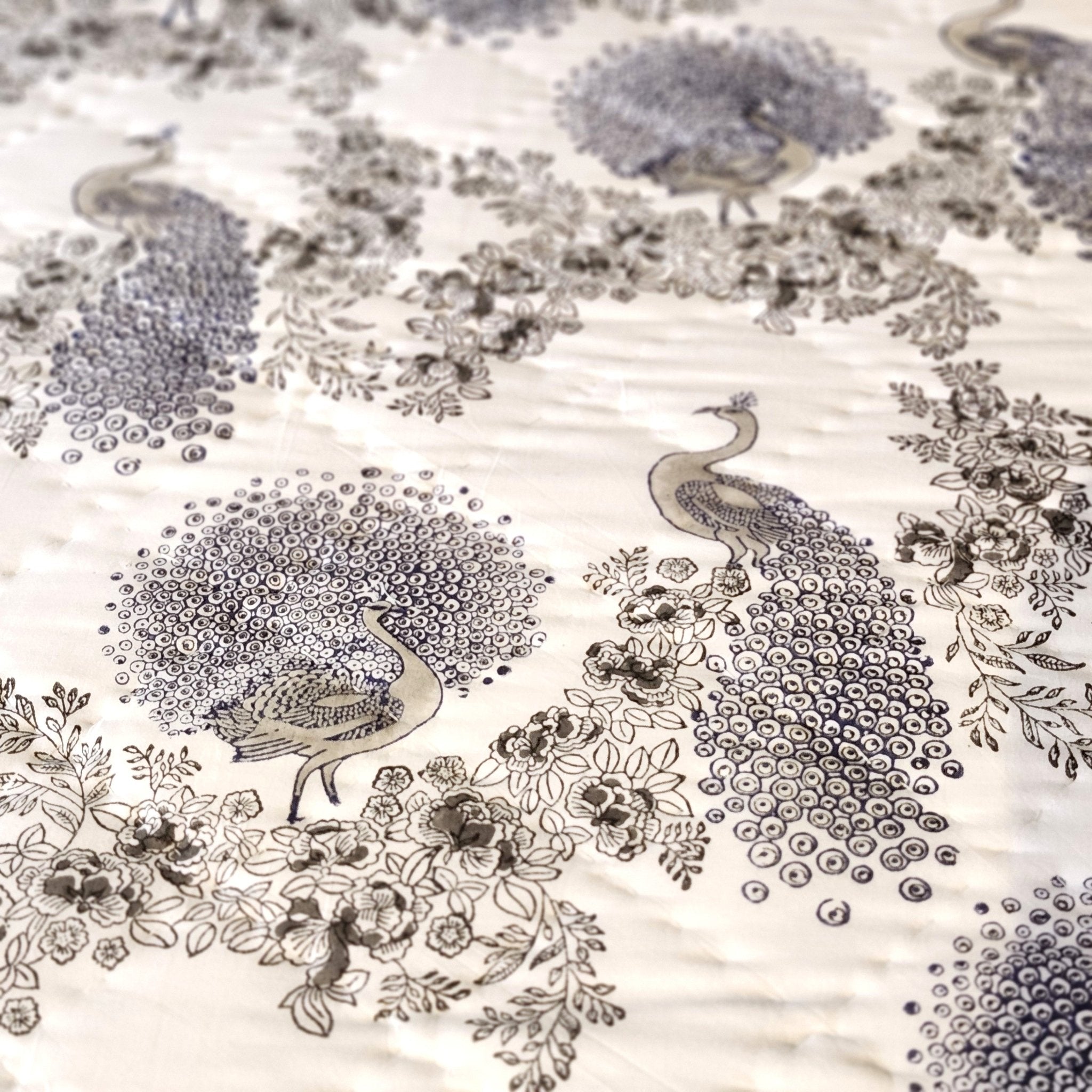 Block Print Quilt Samode Peacock, block print quilt and bedding at Inside Living Singapore. Front view.