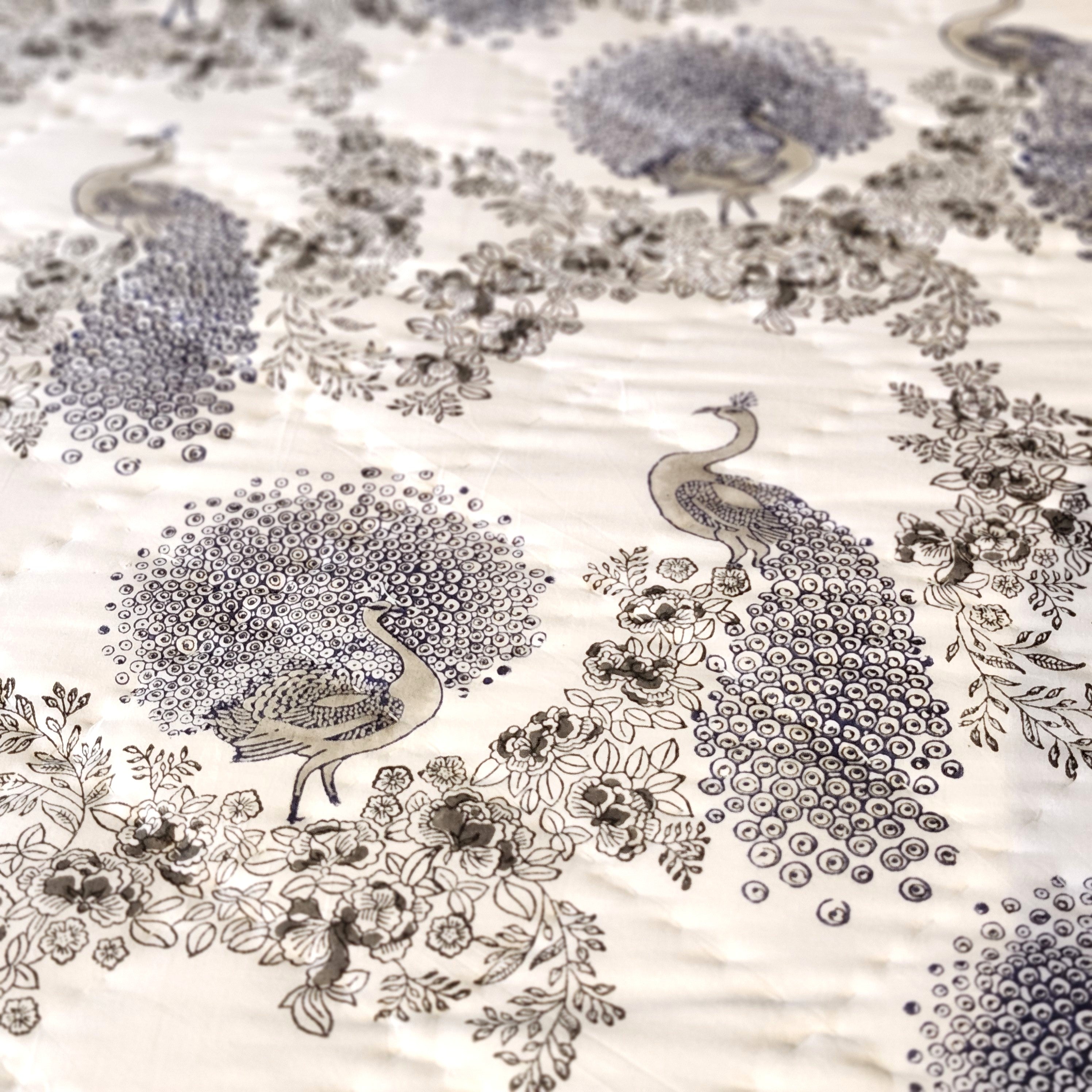 Block Print Quilt Samode Peacock, block print quilt and bedding at Inside Living Singapore. Front view.