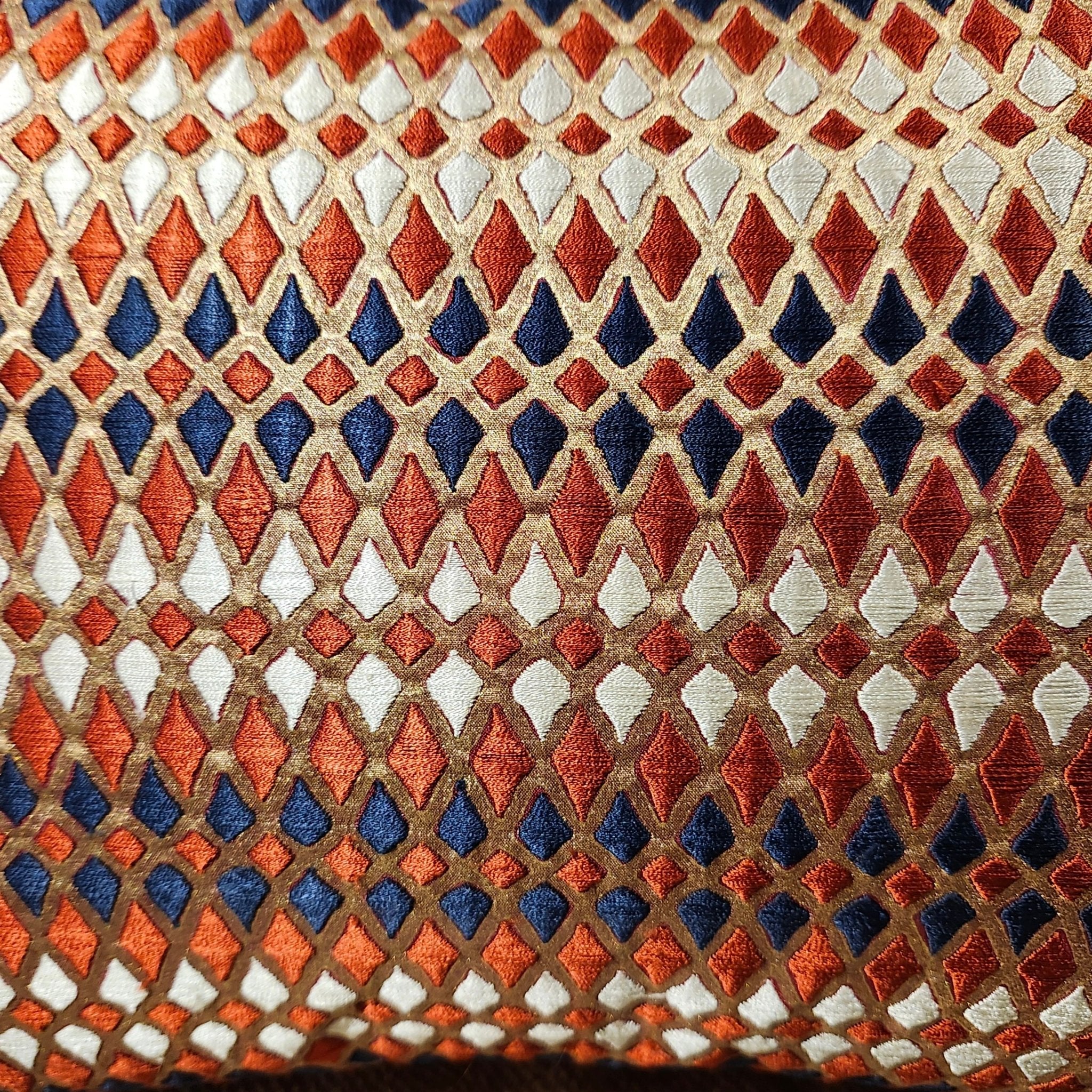 Embroidered Cushion Diamond Red & Gold, decorative cushion cover at Inside Living Singapore. Side view.