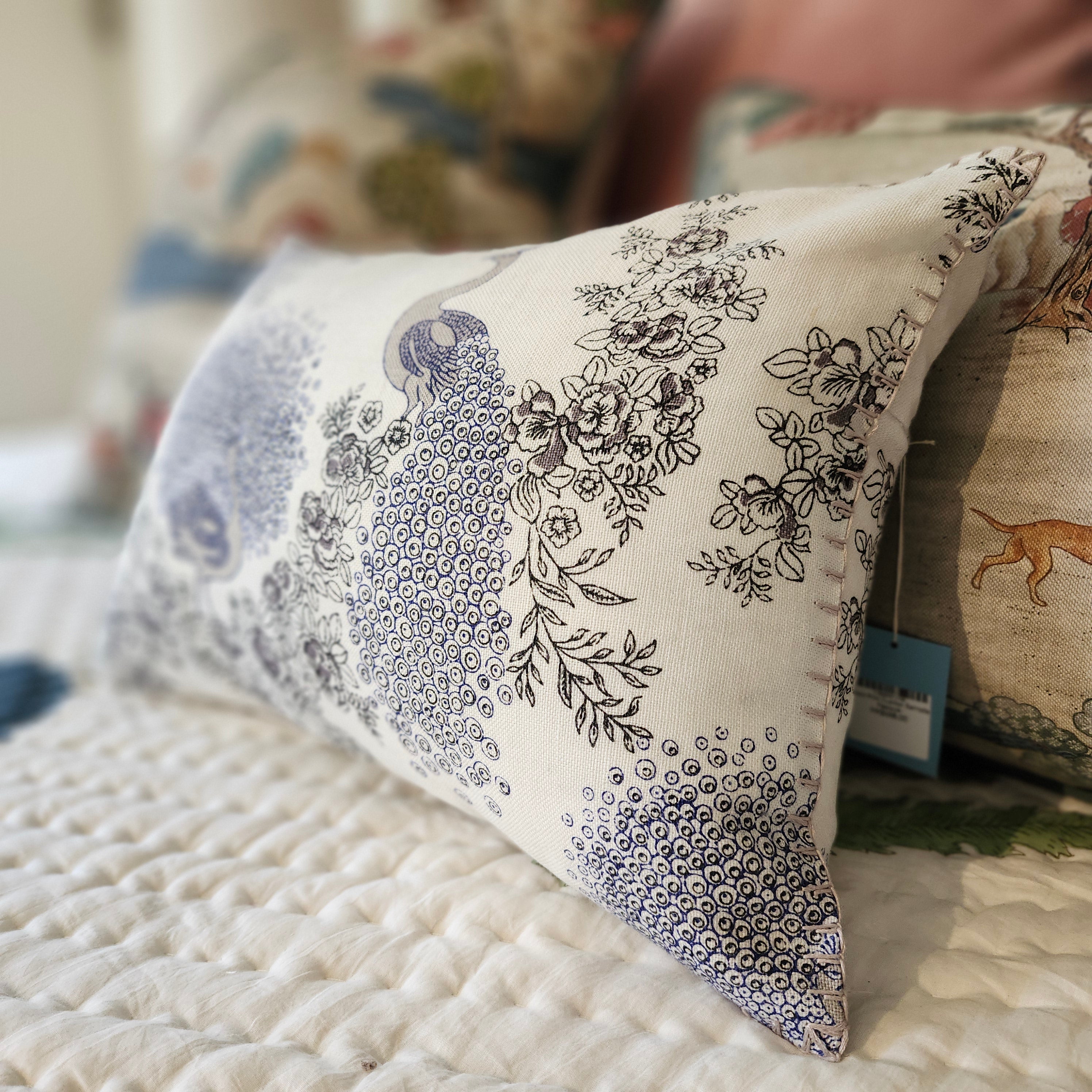 Block Print Cushion Samode Peacock, decorative cushion cover at Inside Living Singapore. Front view.