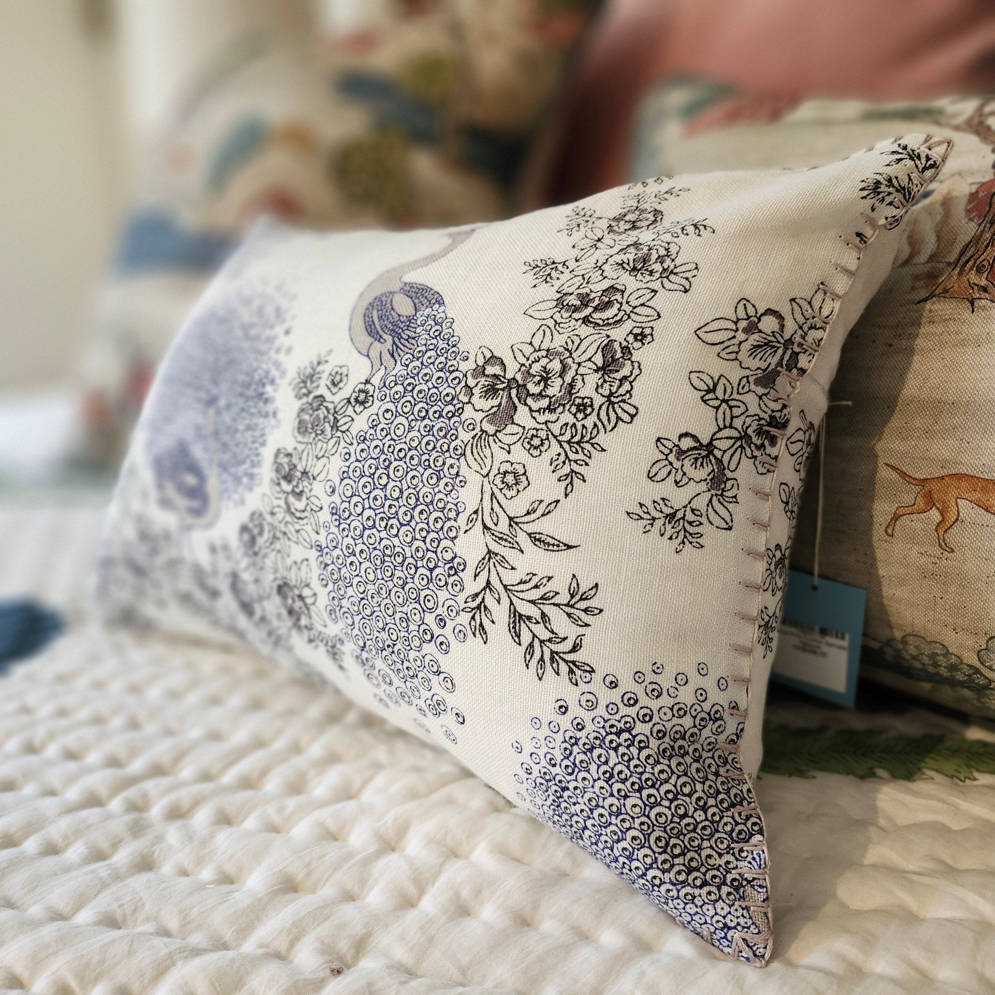 Block Print Cushion Samode Peacock, decorative cushion cover at Inside Living Singapore. Front view.