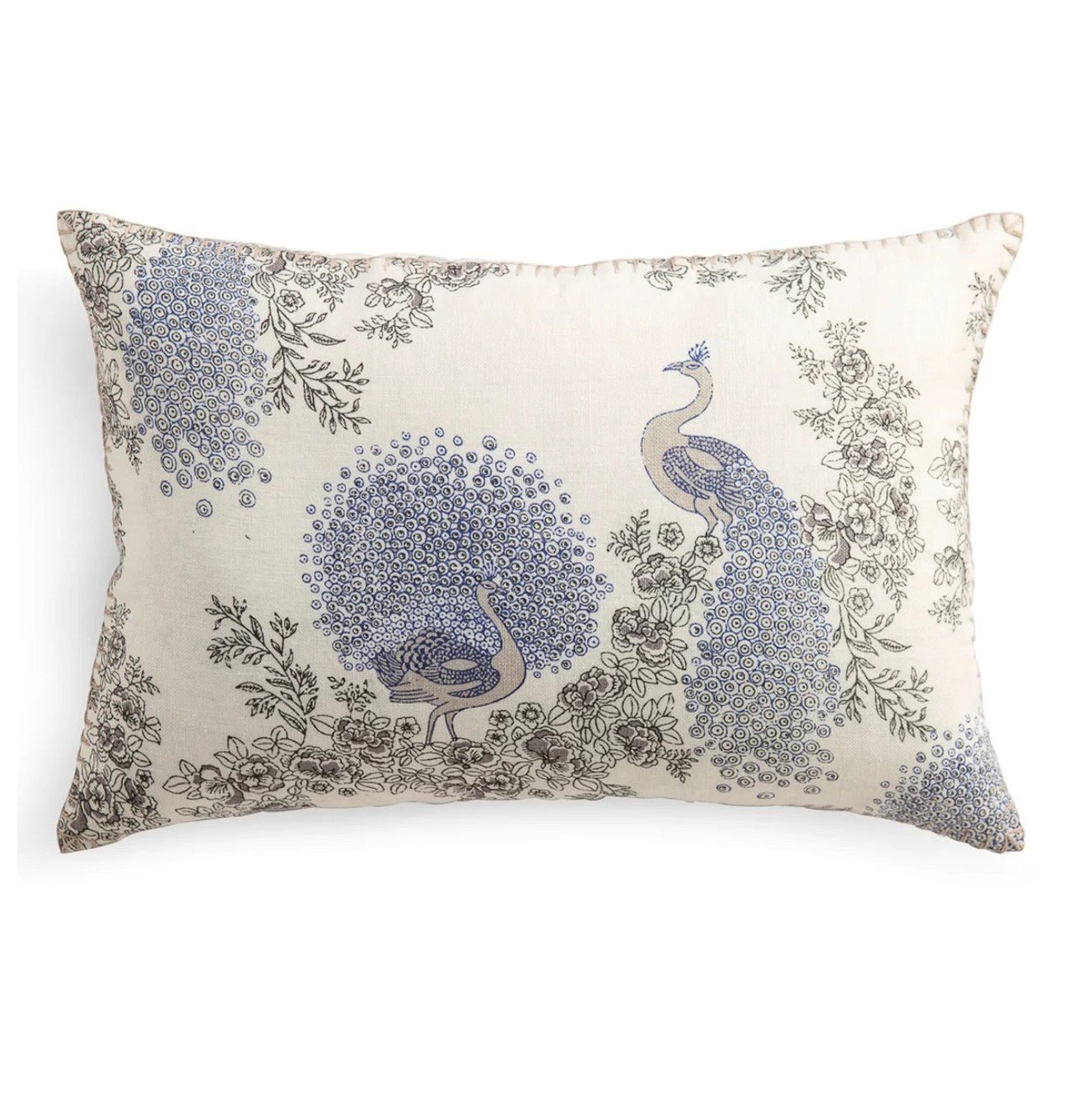 Linen cushion cover block-printed with blue and white peacocks, hand-finished in blanket stitch, 30 x 46cm