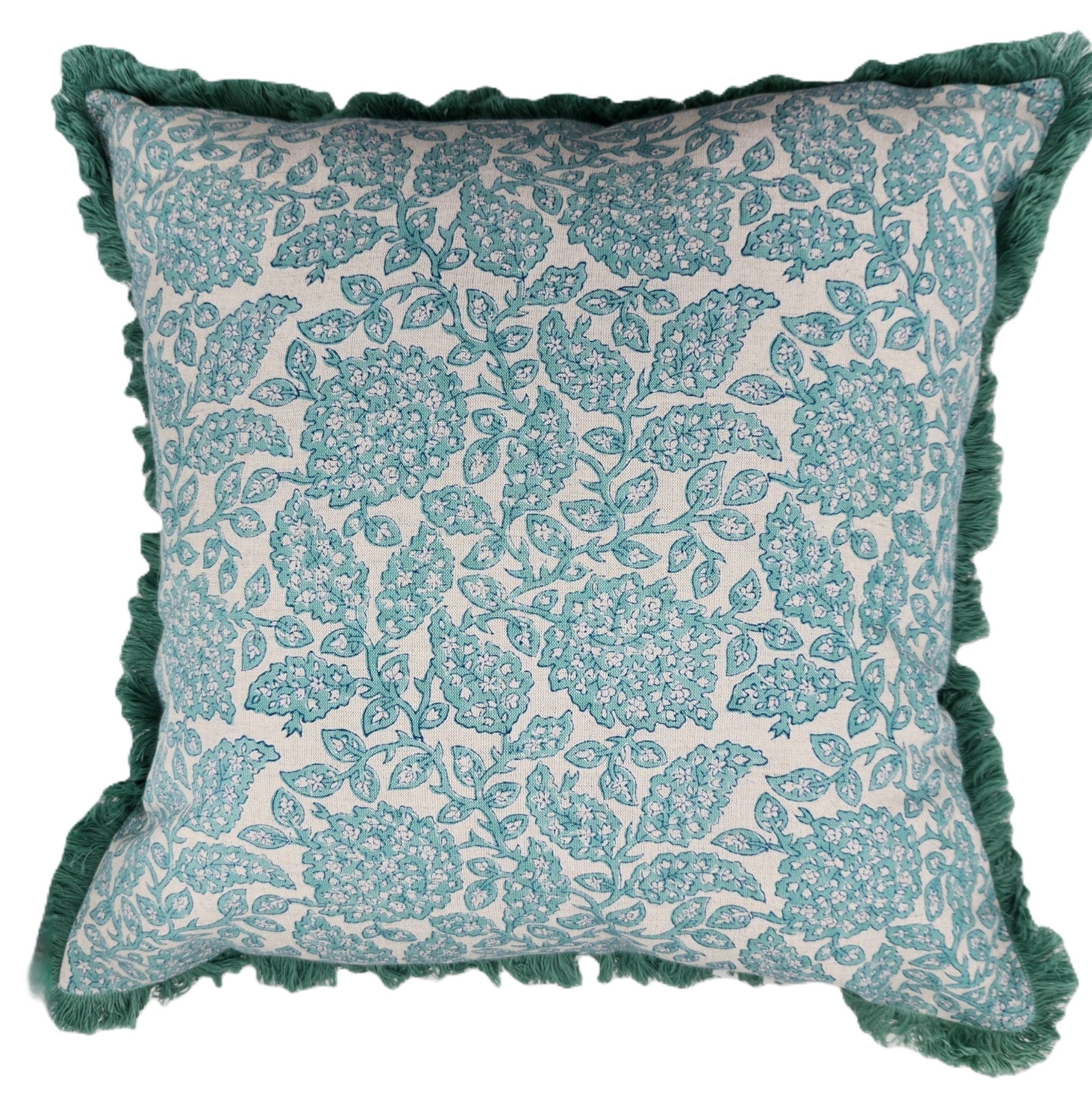 Block Print Cushion 'Shahnaz' in aqua, floral block-print linen cushion cover from Inside Living Singapore.
