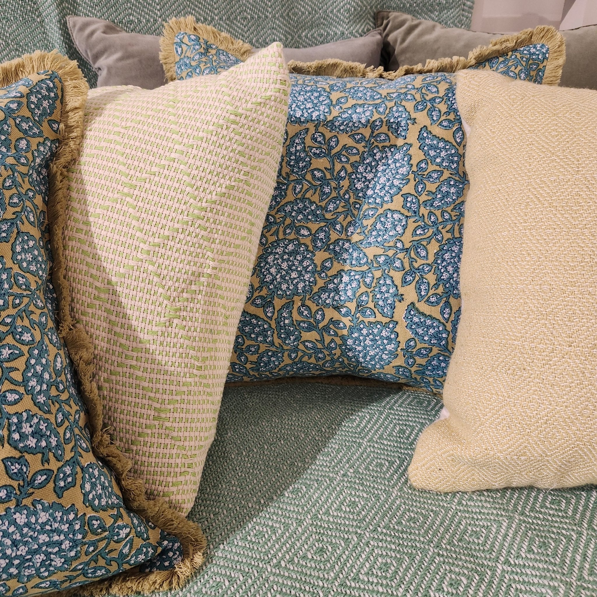 Block Print Cushion 'Shahnaz', decorative cushion cover at Inside Living Singapore. Styled view.