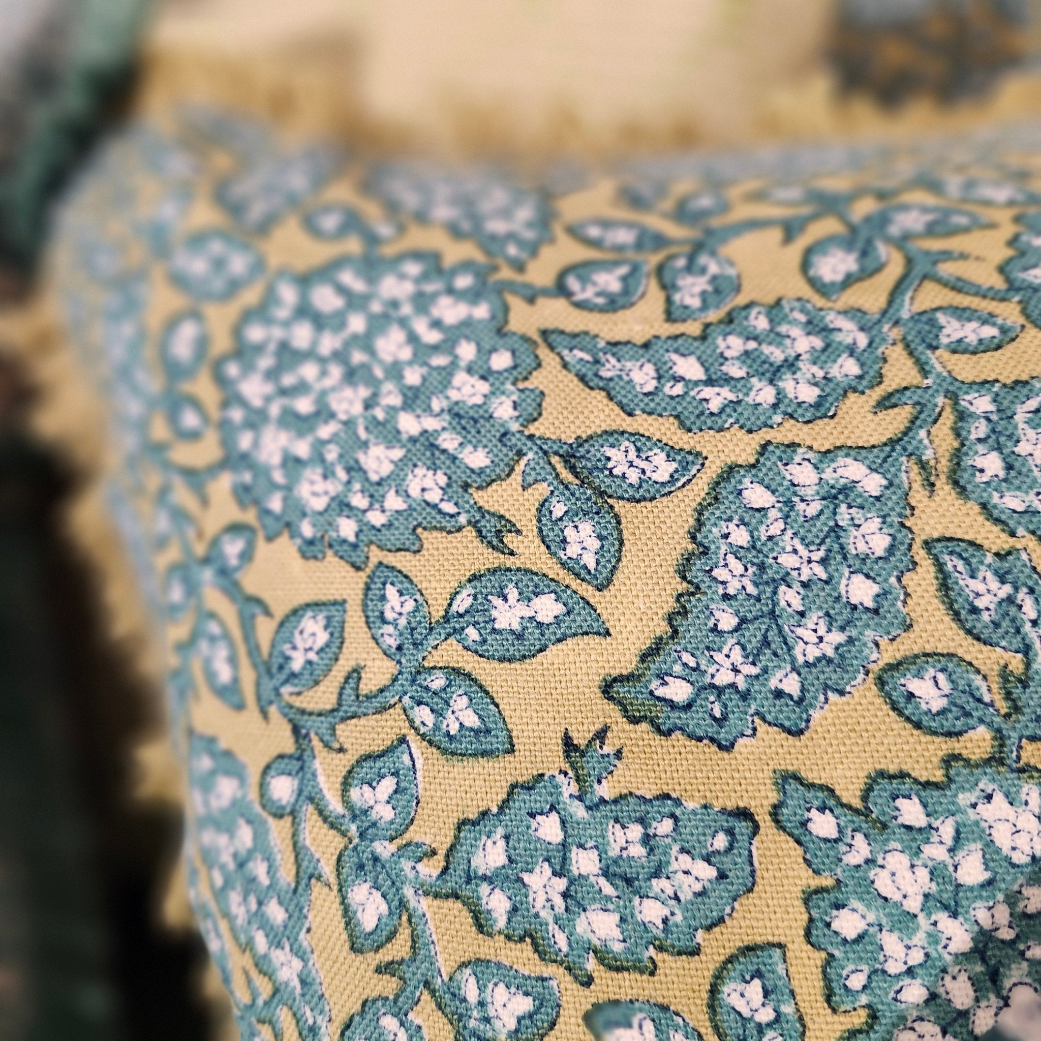 Block Print Cushion 'Shahnaz', decorative cushion cover at Inside Living Singapore. Close-up.