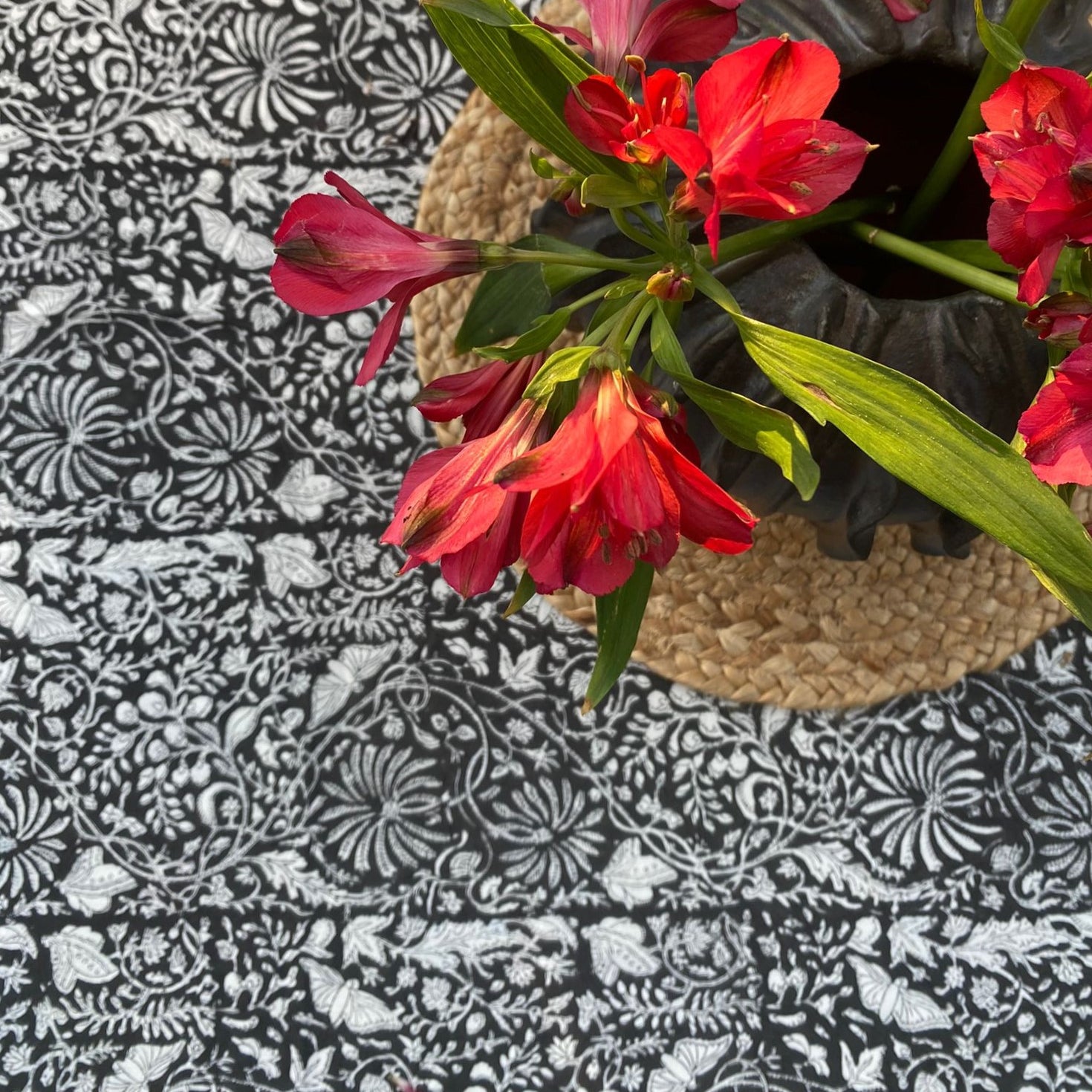 Block Print Tablecloth Rainforest Black shown from another angle, homeware at Inside Living Singapore.