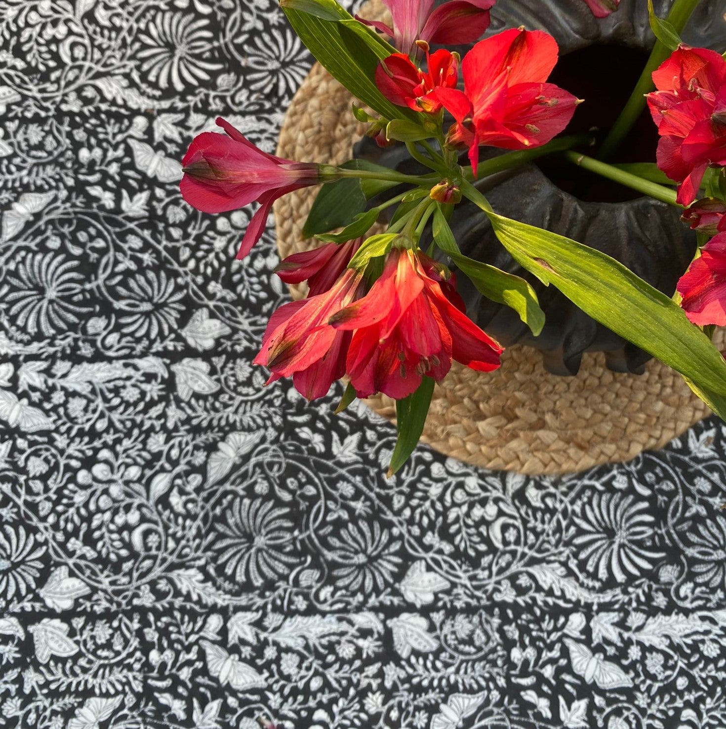 Block Print Tablecloth Rainforest Black shown from another angle, homeware at Inside Living Singapore.