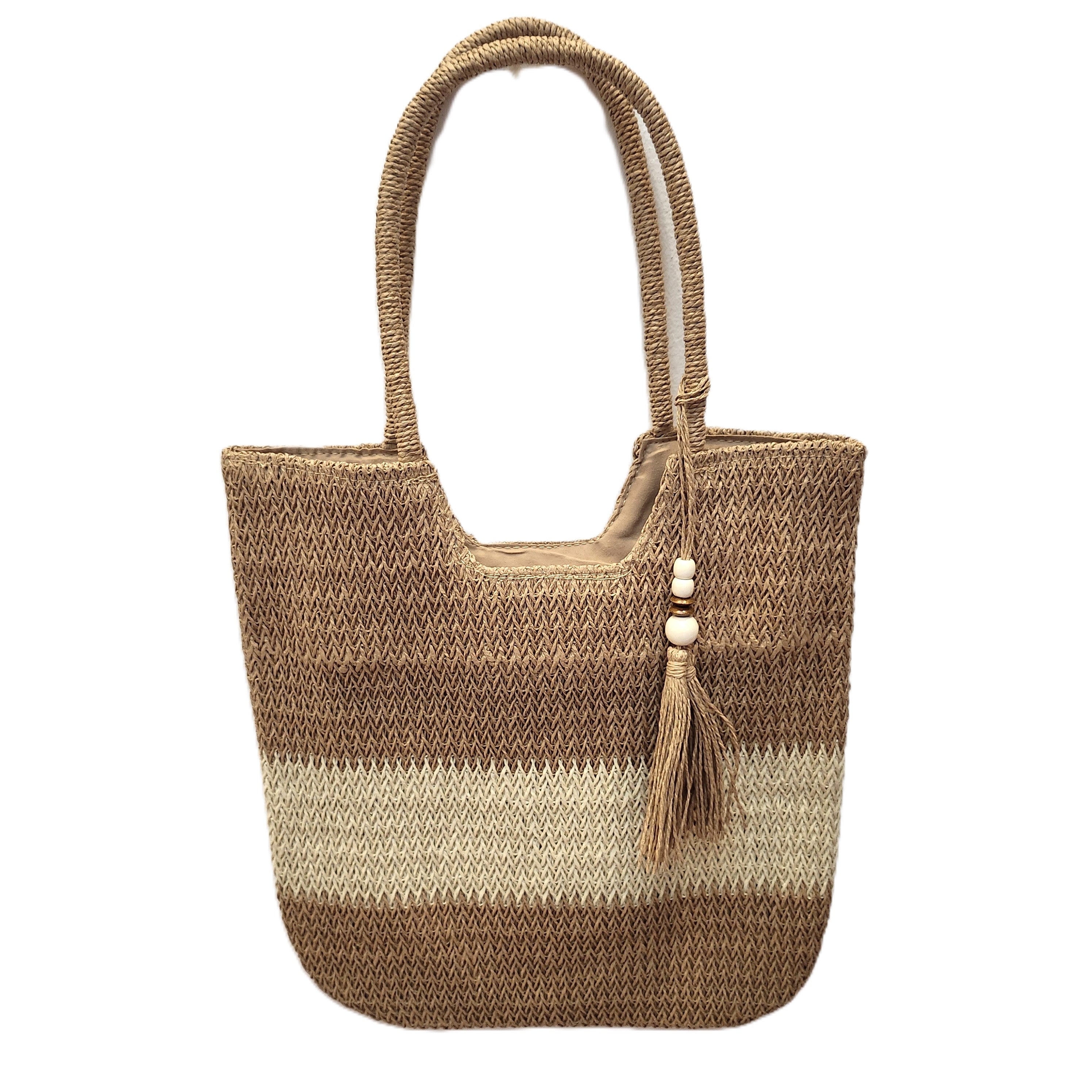 Handmade raphia beach bag with a tassel and stripe design, a zip and inner pocket, in three colours