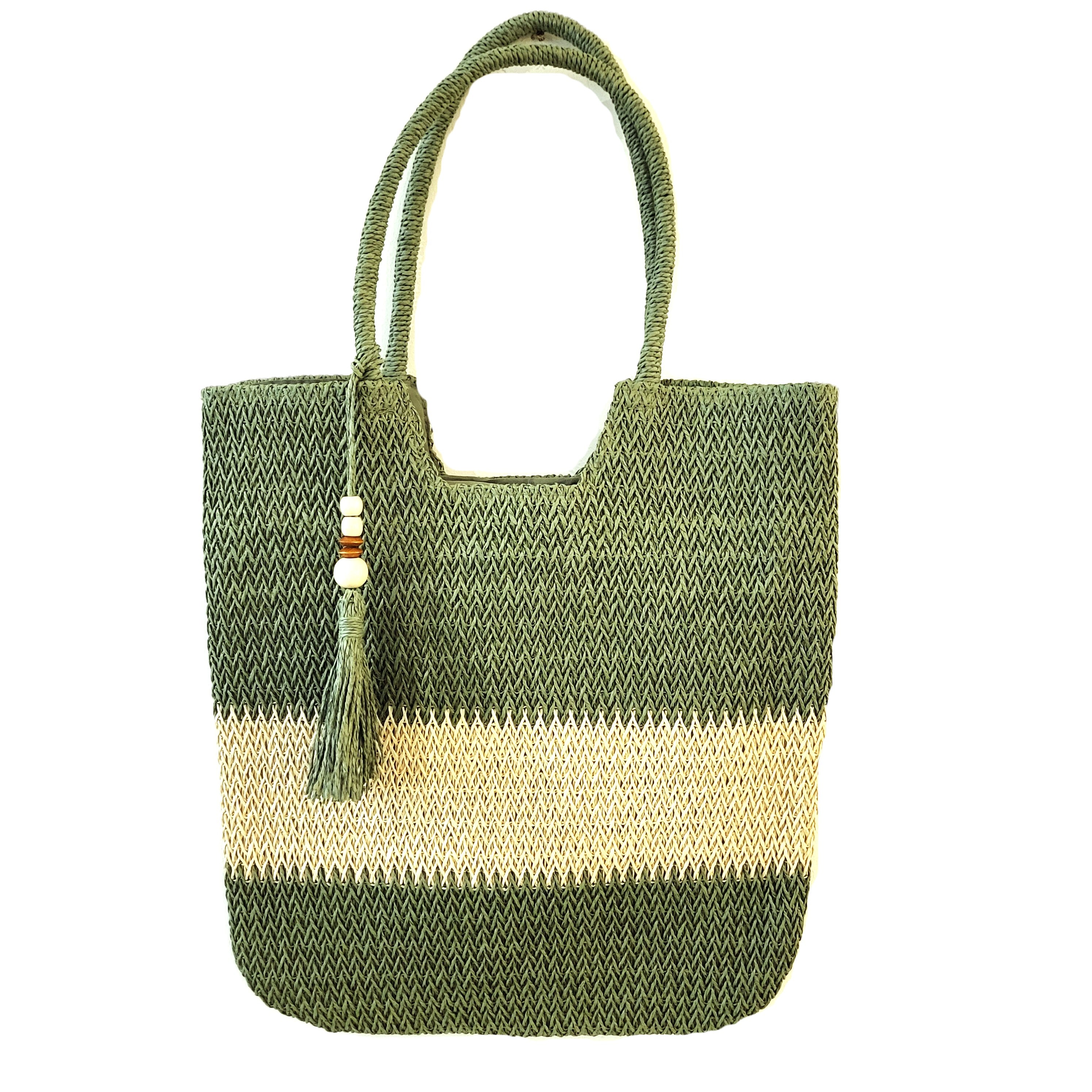 Raphia Beach Bag Tassel and Stripe detail view, accessories from Inside Living Singapore.