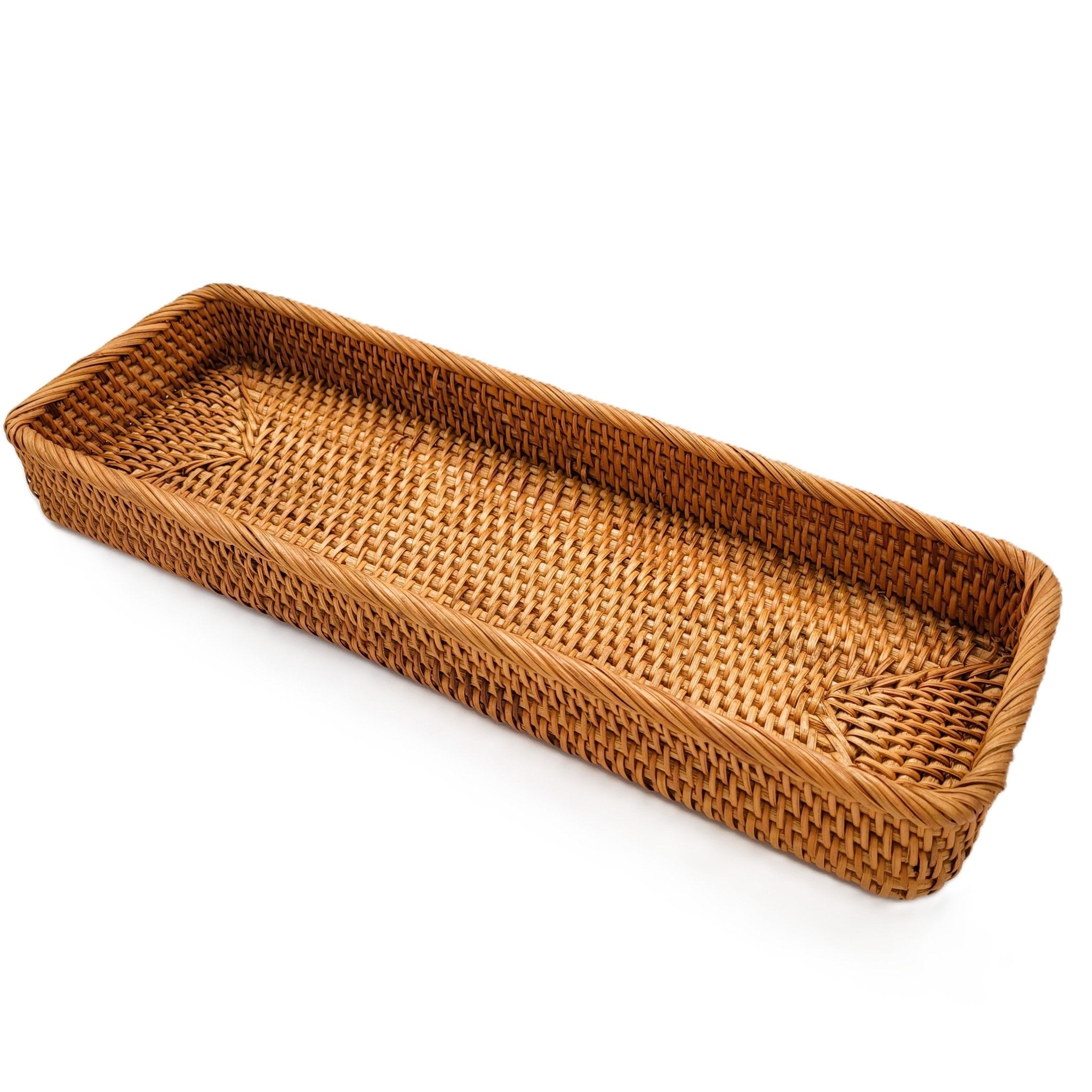 Rectangular natural rattan bread basket, 44 x 16 x 5 cm, for serving bread or kitchen storage
