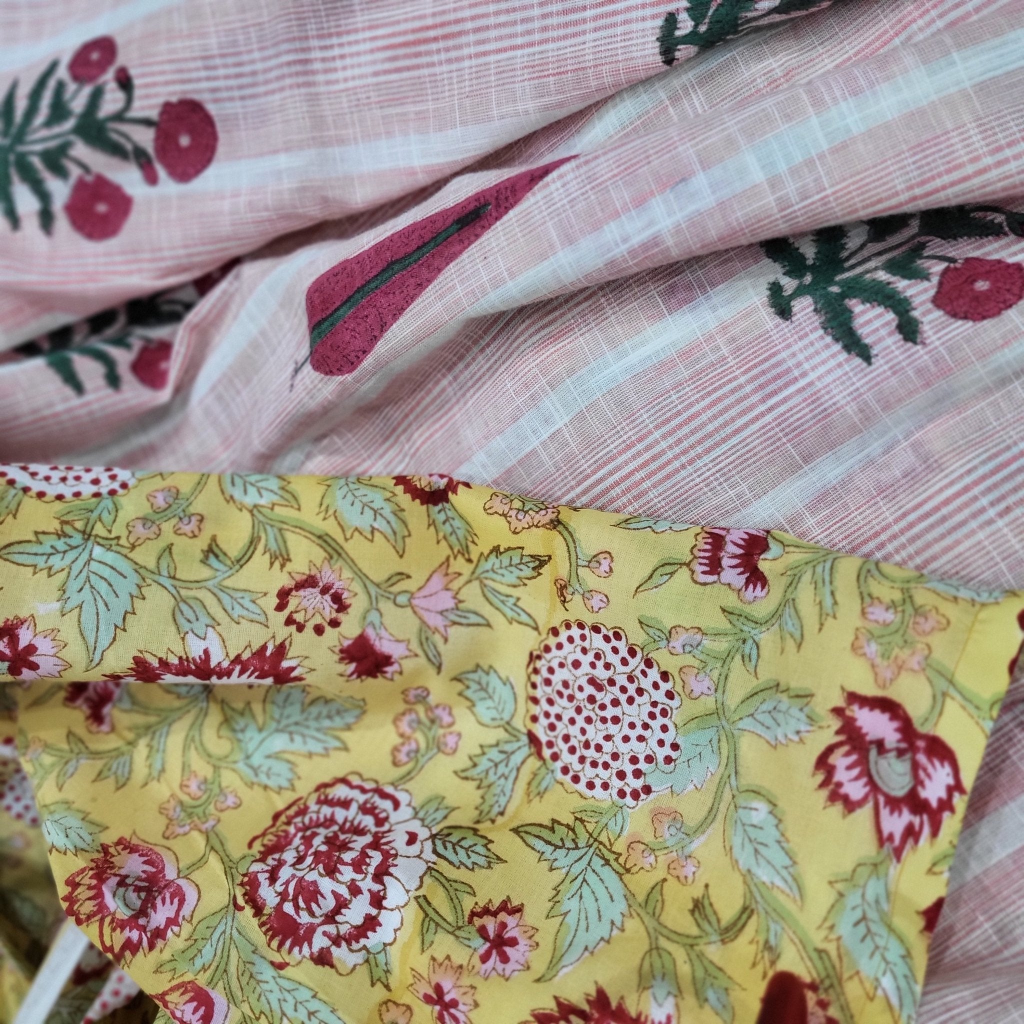 Block Print Runner Reversible Summertime Yellow: block-printed cotton table runner for dining, from Inside Living Singapore.