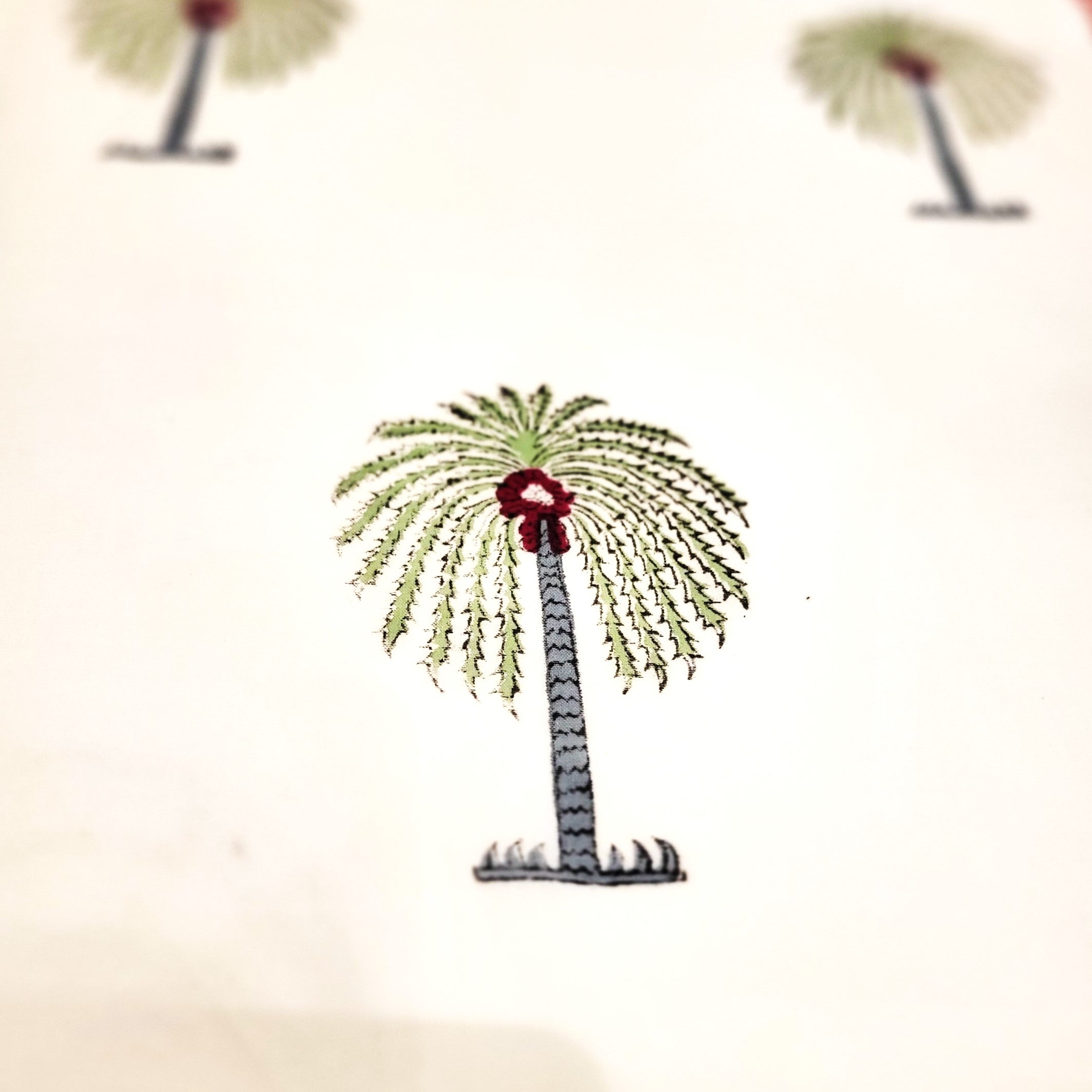 Cotton block-printed table runner with palms and a pale green lining, 34 x 250 cm or 34 x 300 cm