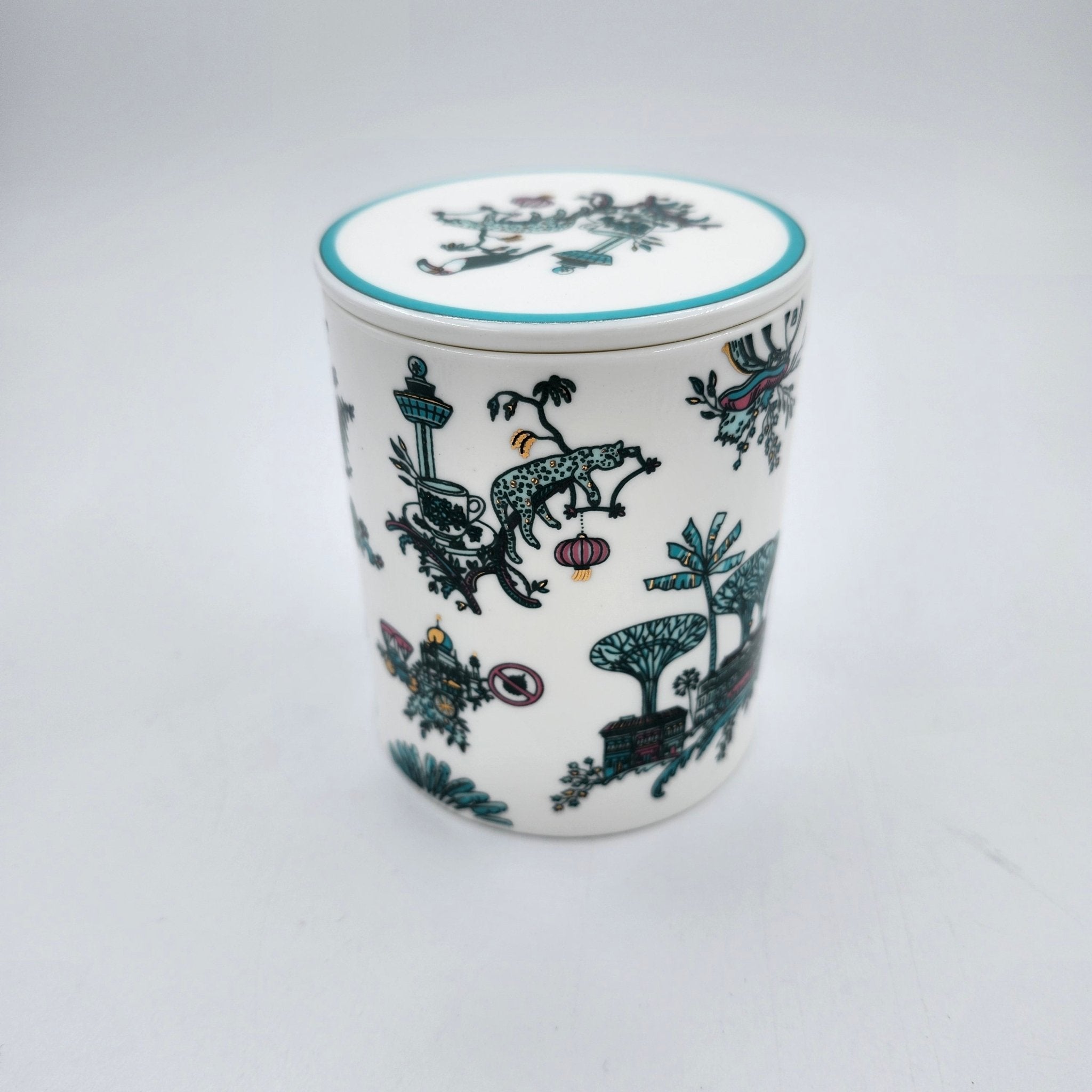 Singapore Toile Scented Candle from Inside Living Singapore, side view.