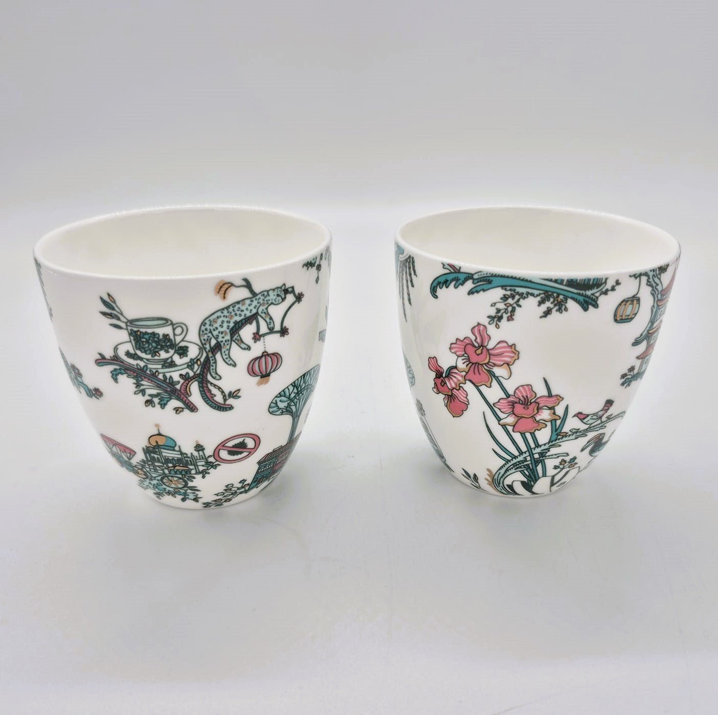 Singapore Toile East-meets-West cup pair from Inside Living, fine ceramic cups with heritage toile pattern, side view
