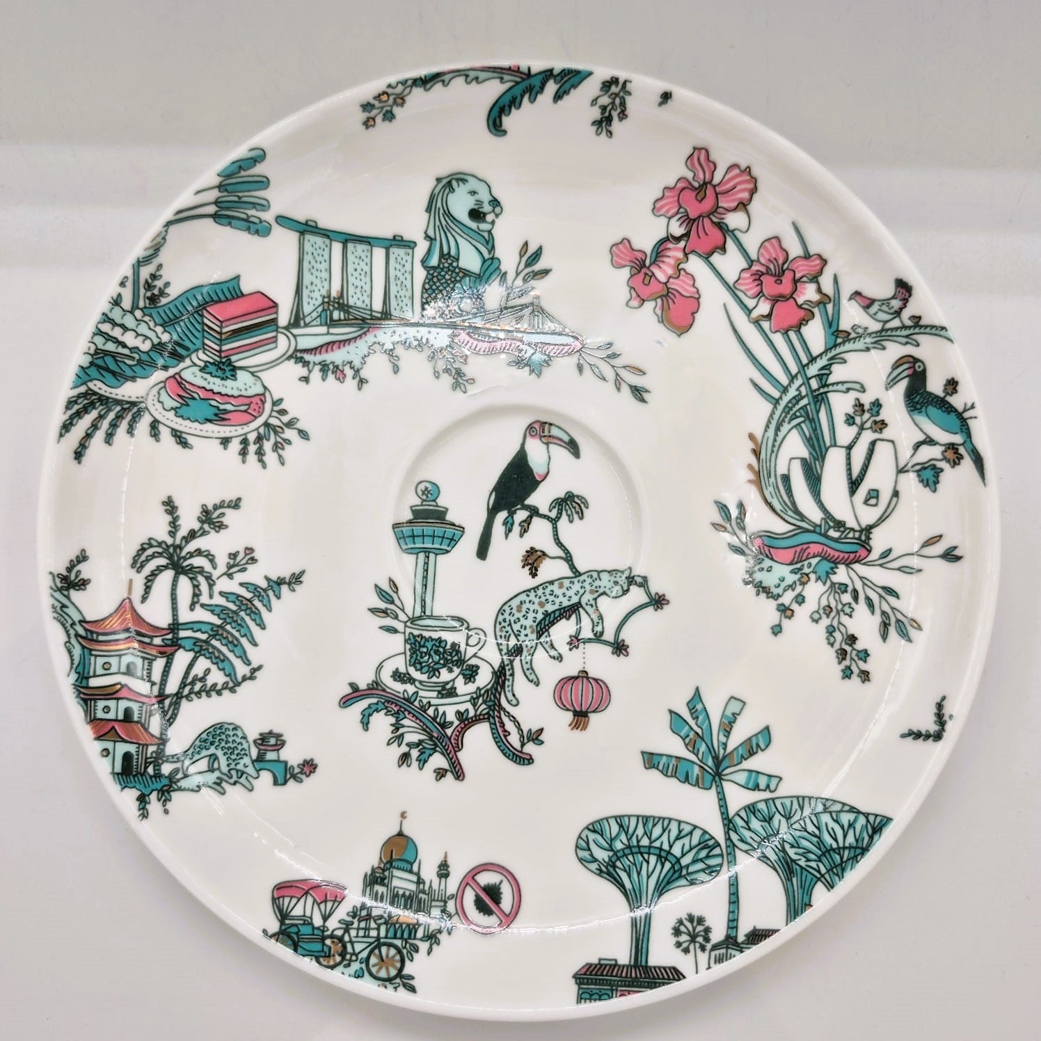 Singapore Toile cup and saucer from Inside Living, fine ceramic set with heritage East-meets-West toile pattern, detail view