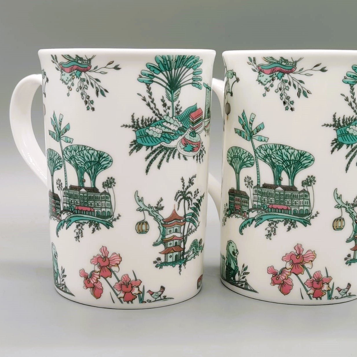 Singapore Toile mug from Inside Living, fine ceramic mug with heritage East-meets-West toile pattern, side view