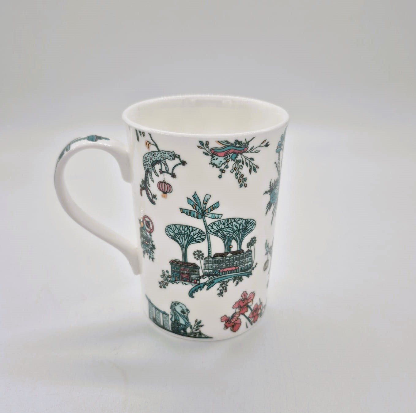 Singapore Toile mug from Inside Living, fine ceramic mug with heritage East-meets-West toile pattern, detail view