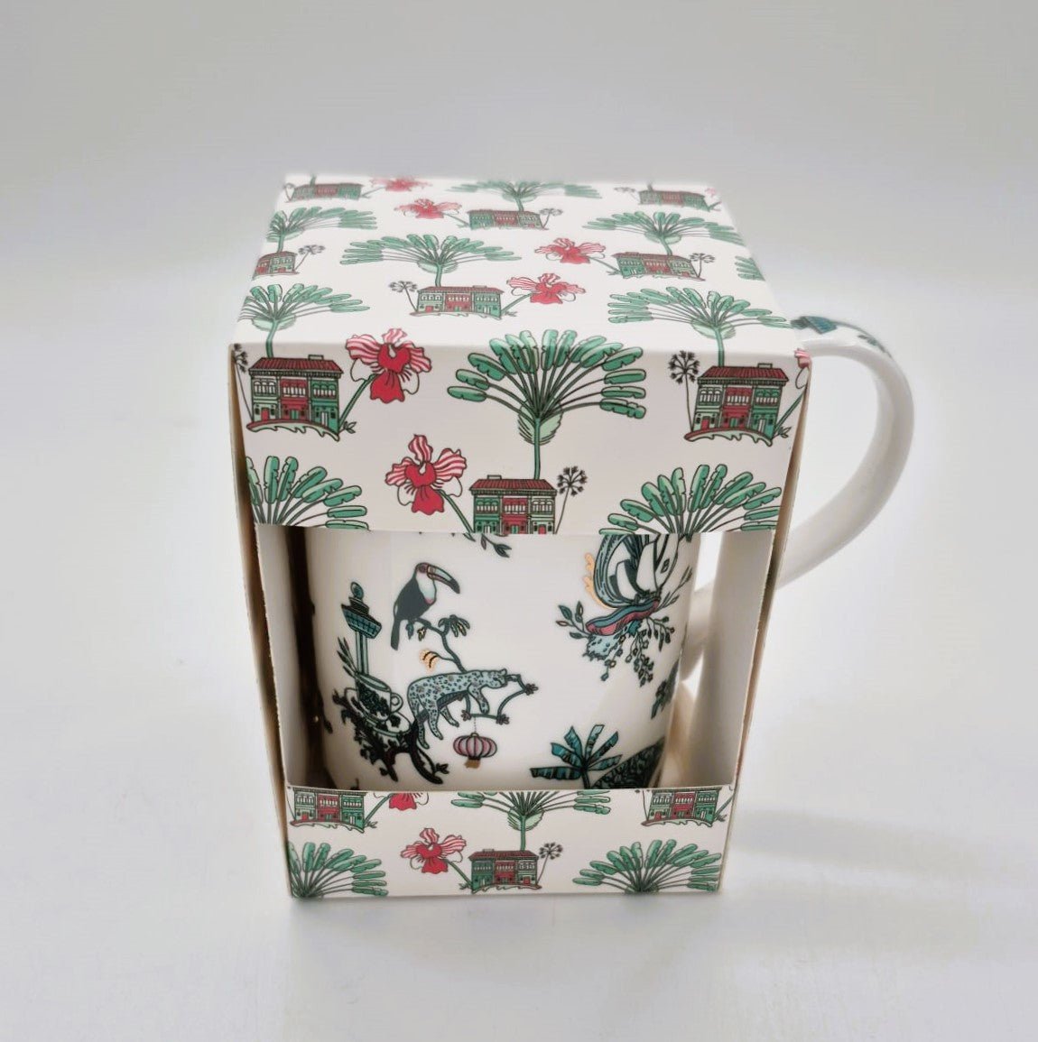 Singapore Toile mug from Inside Living, fine ceramic mug with heritage East-meets-West toile pattern, close-up detail