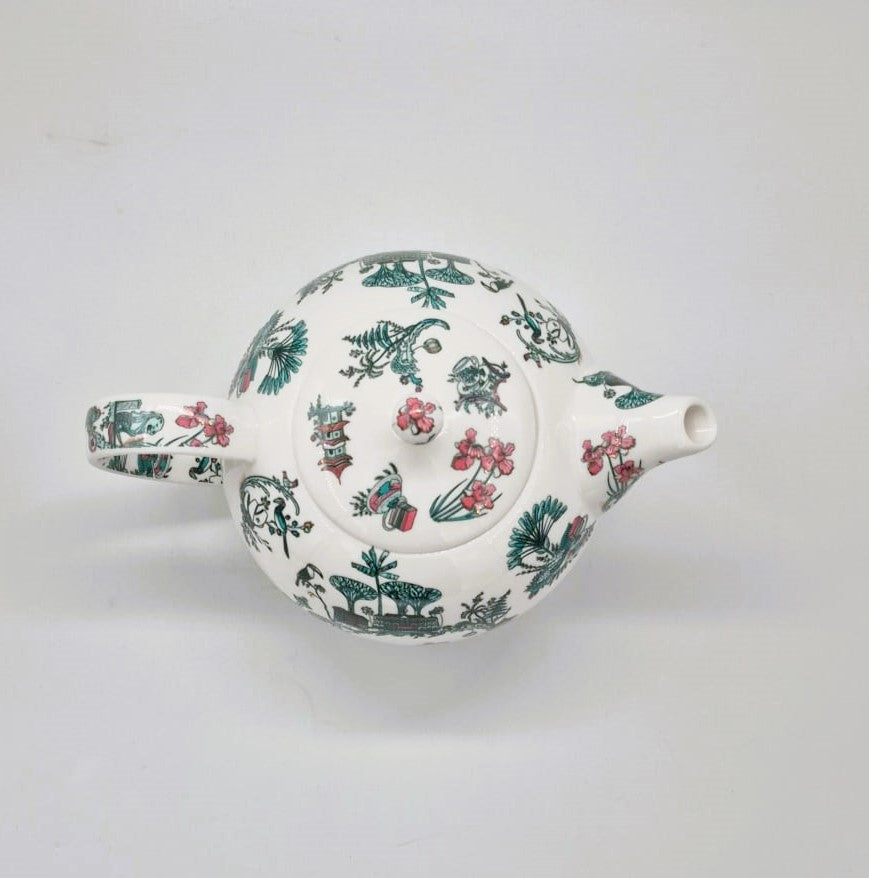 Singapore Toile teapot from Inside Living, fine ceramic teapot with heritage East-meets-West toile pattern, side view
