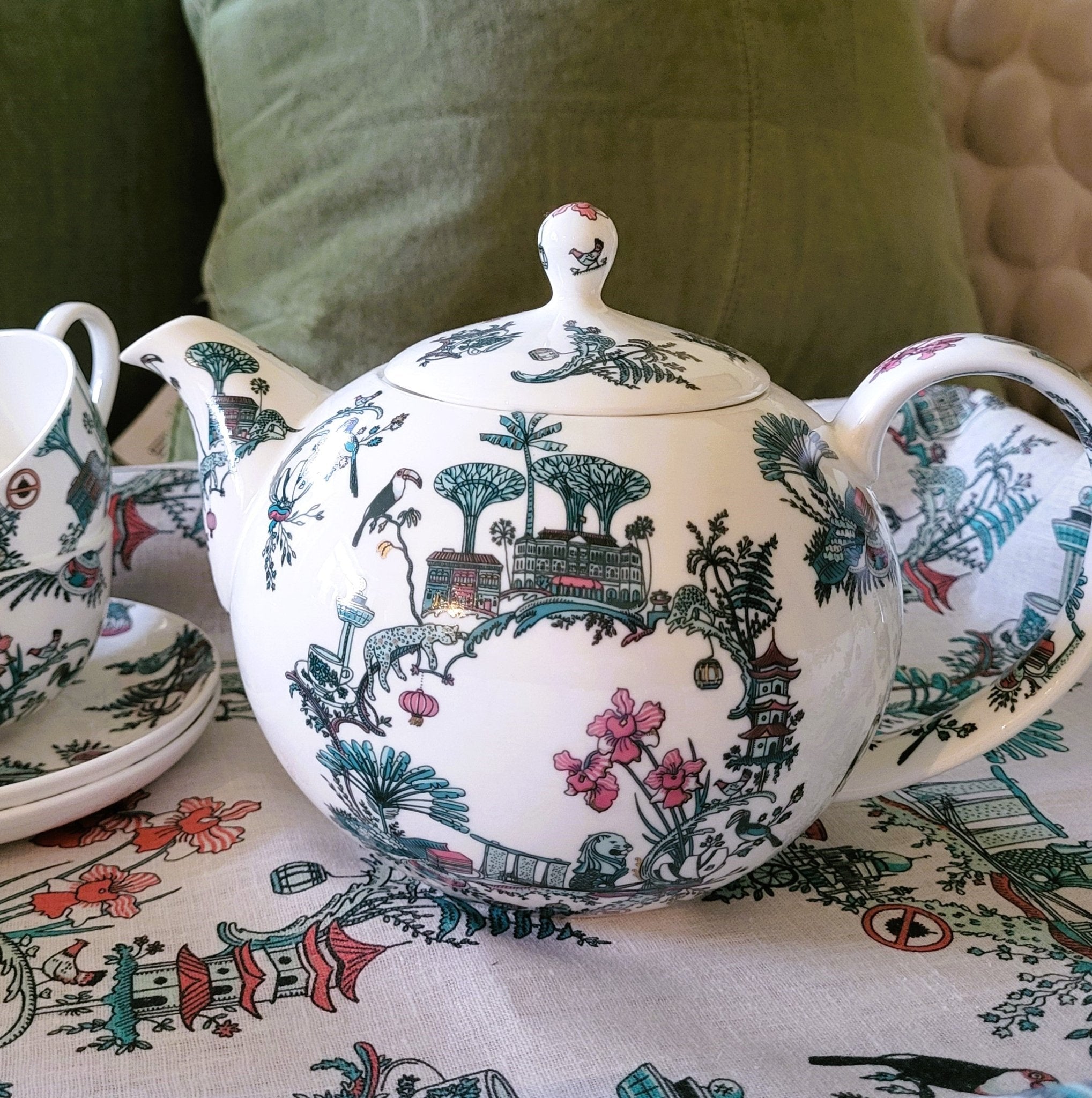 Singapore Toile teapot from Inside Living, fine ceramic teapot with heritage East-meets-West toile pattern, close-up detail