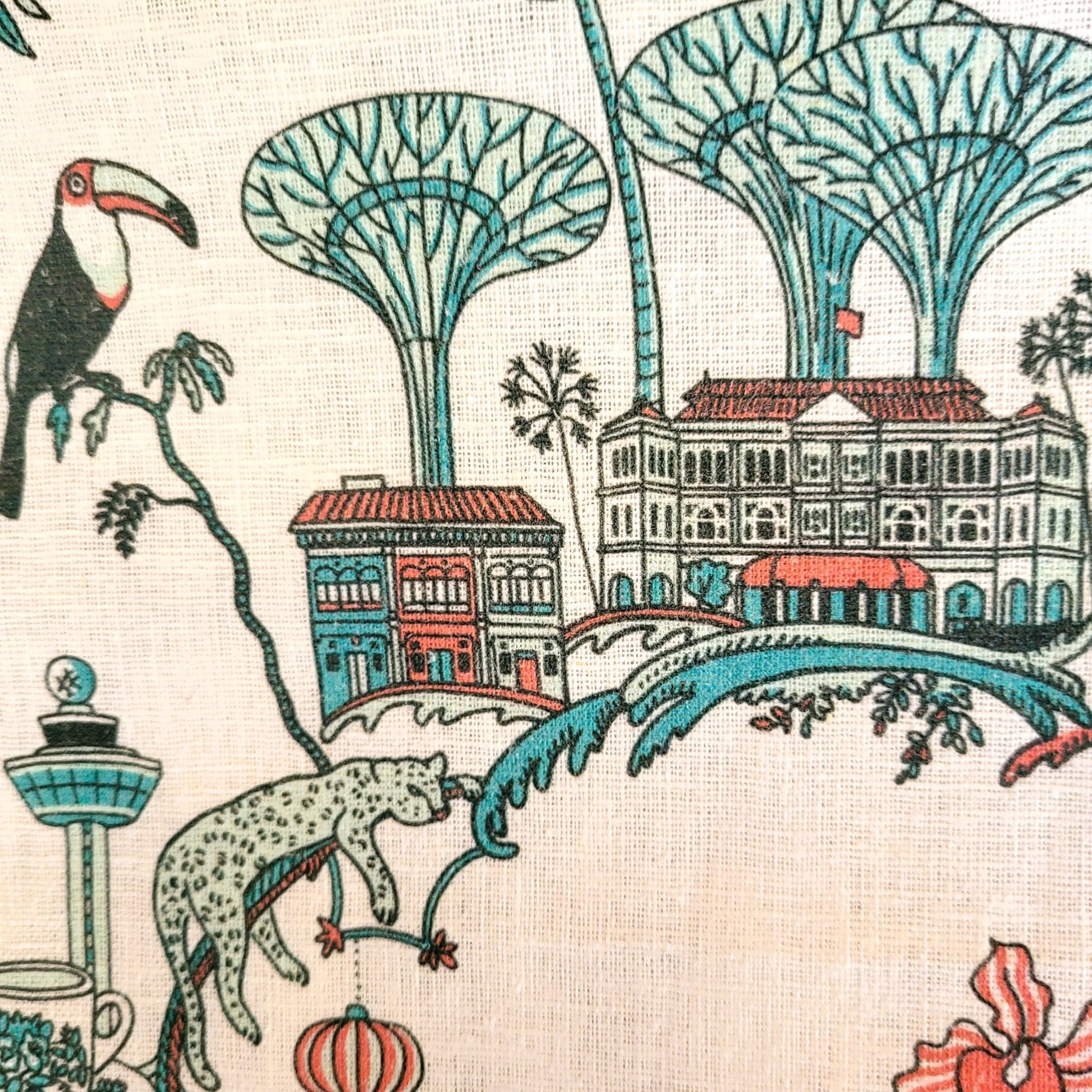 Singapore Toile tea towel from Inside Living, cotton kitchen towel with heritage East-meets-West toile pattern