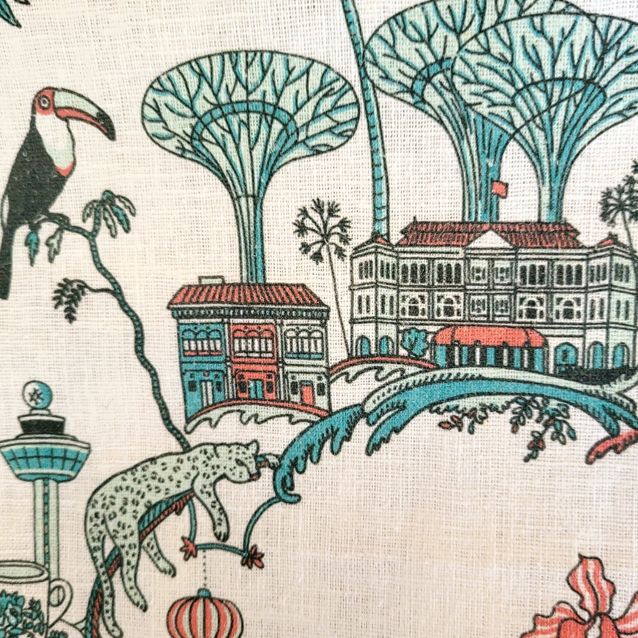 Fine linen tea towel in the Singapore Toile design, 50 x 78 cm, sold singly or as a pair