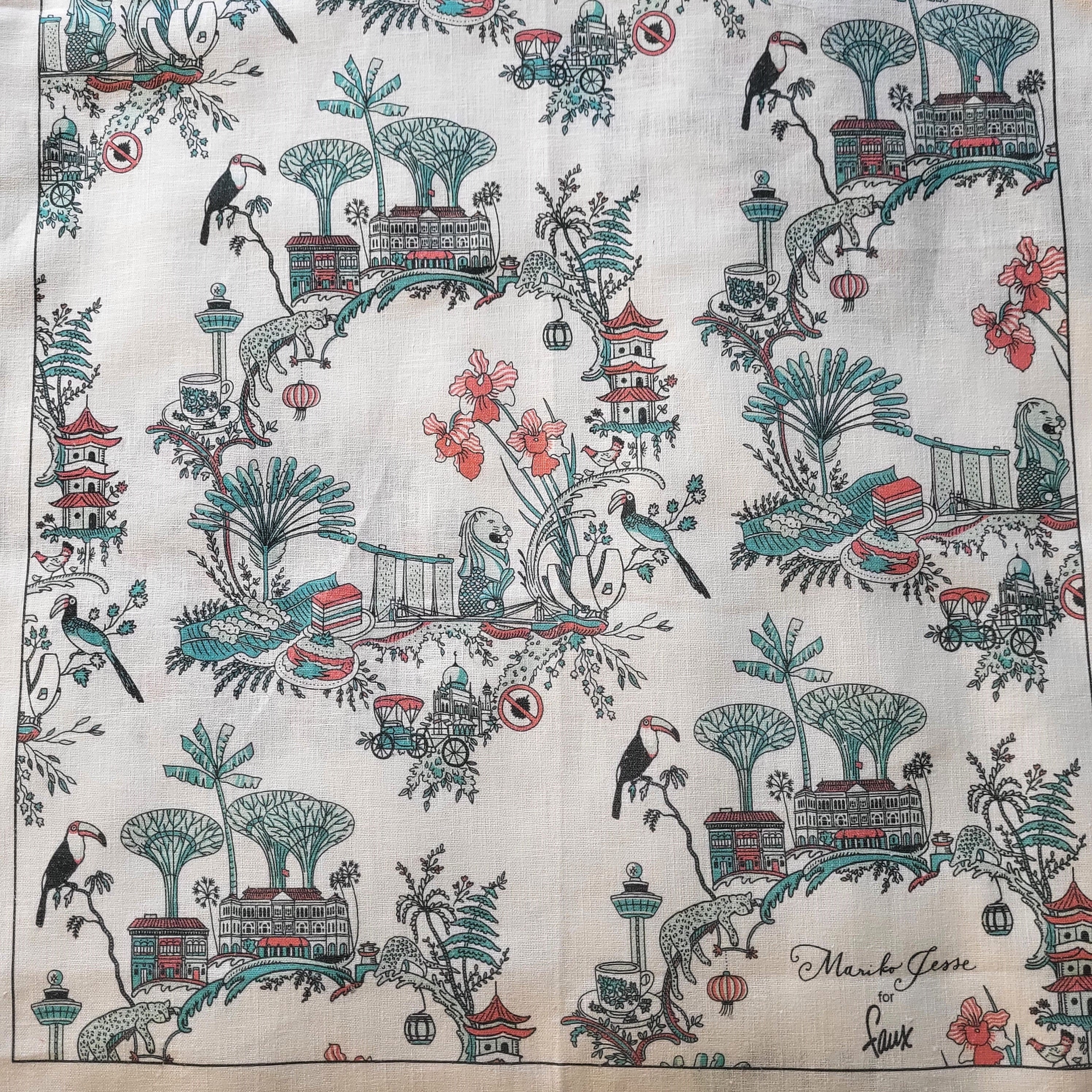 Singapore Toile tea towel from Inside Living, cotton kitchen towel with heritage East-meets-West toile pattern