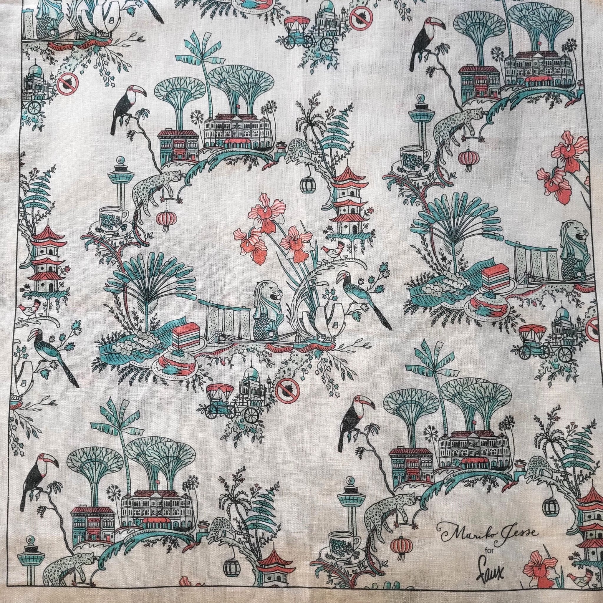 Singapore Toile tea towel from Inside Living, cotton kitchen towel with heritage East-meets-West toile pattern