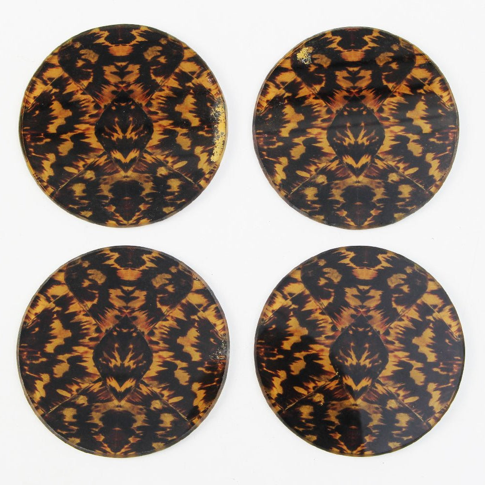 Set of 4 drinks coasters in tempered glass with a faux tortoiseshell print, 10 x 10 cm for coffee or dining table
