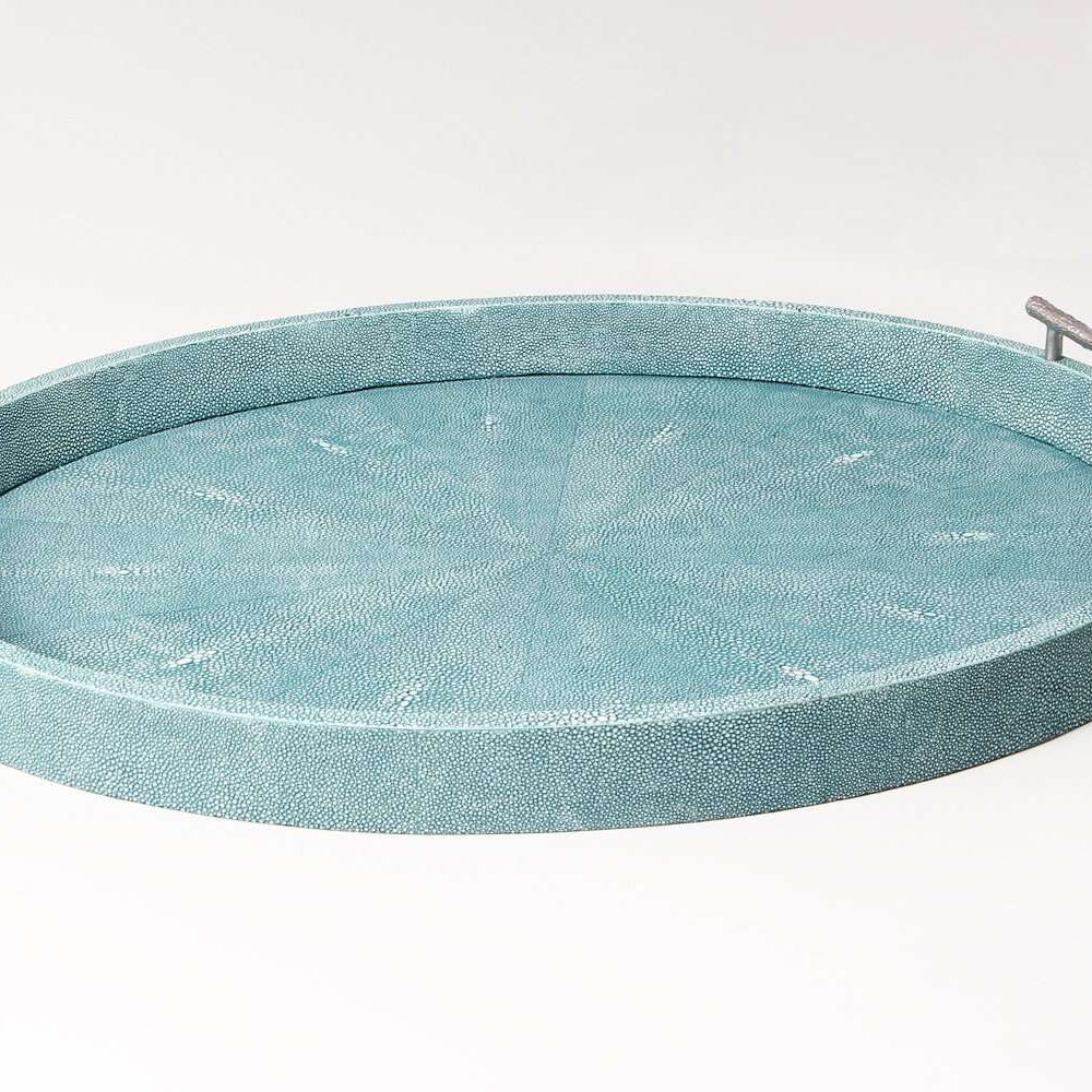 Oval serving tray in teal faux shagreen with stainless steel twig handles, for drinks, serving or display
